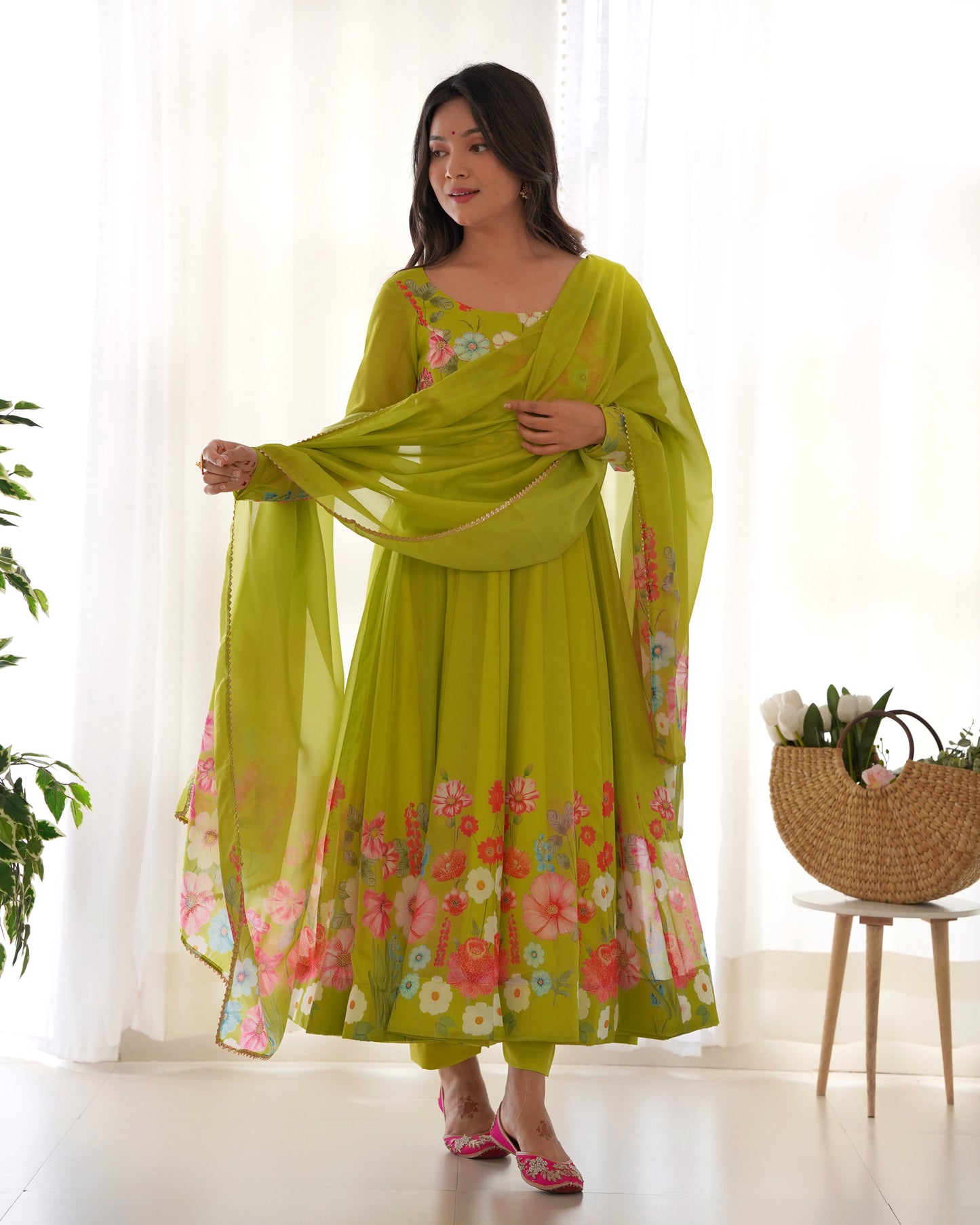 Green Color Organza Silk Three Piece Anarkali Suit By Stylish Ethnic