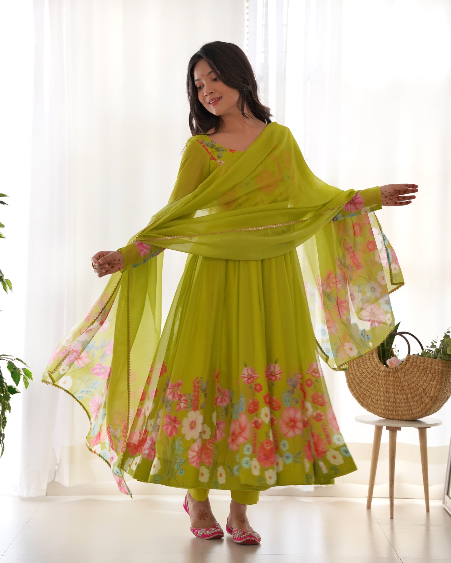 Green Color Organza Silk Three Piece Anarkali Suit By Stylish Ethnic