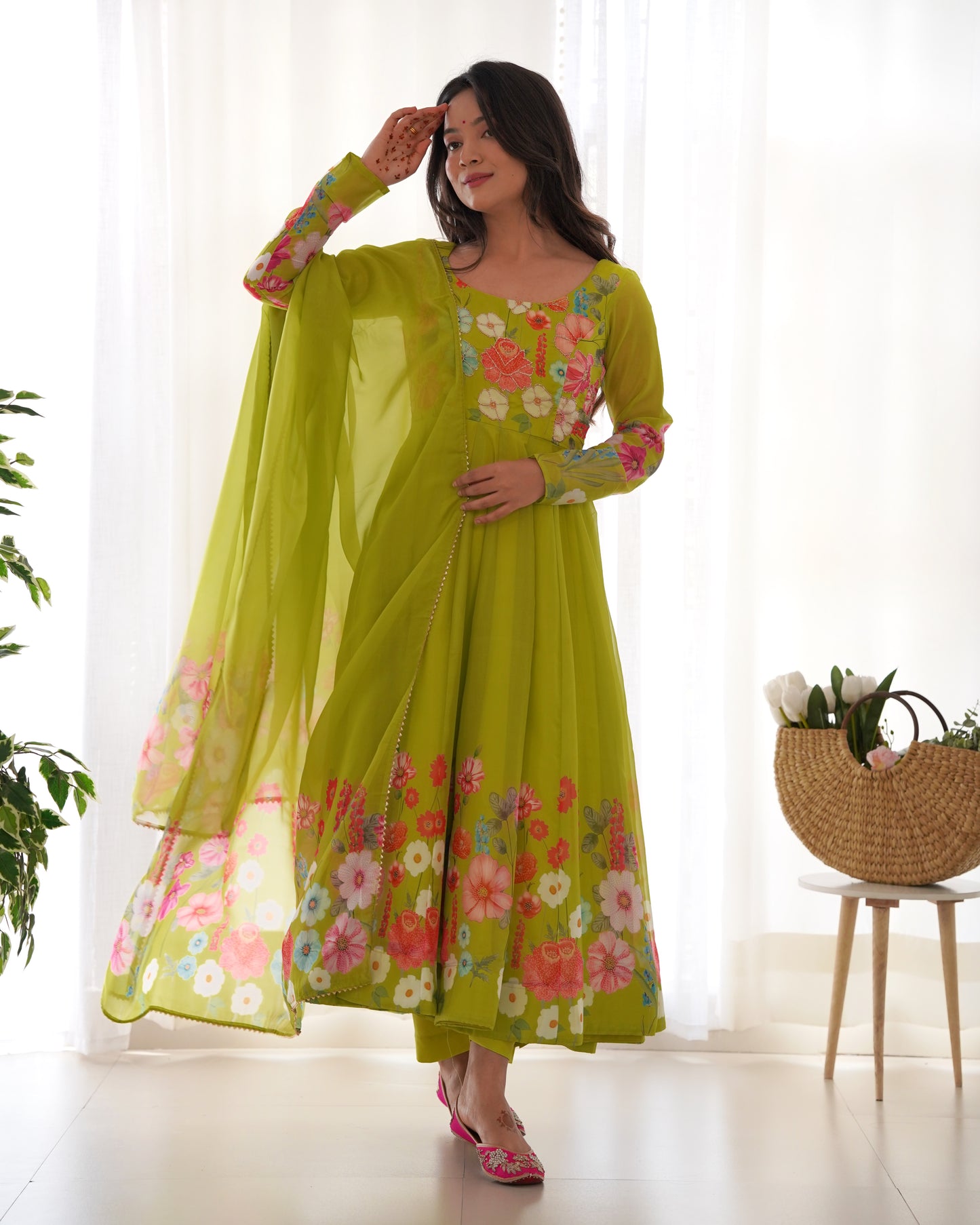 Green Color Organza Silk Three Piece Anarkali Suit By Stylish Ethnic
