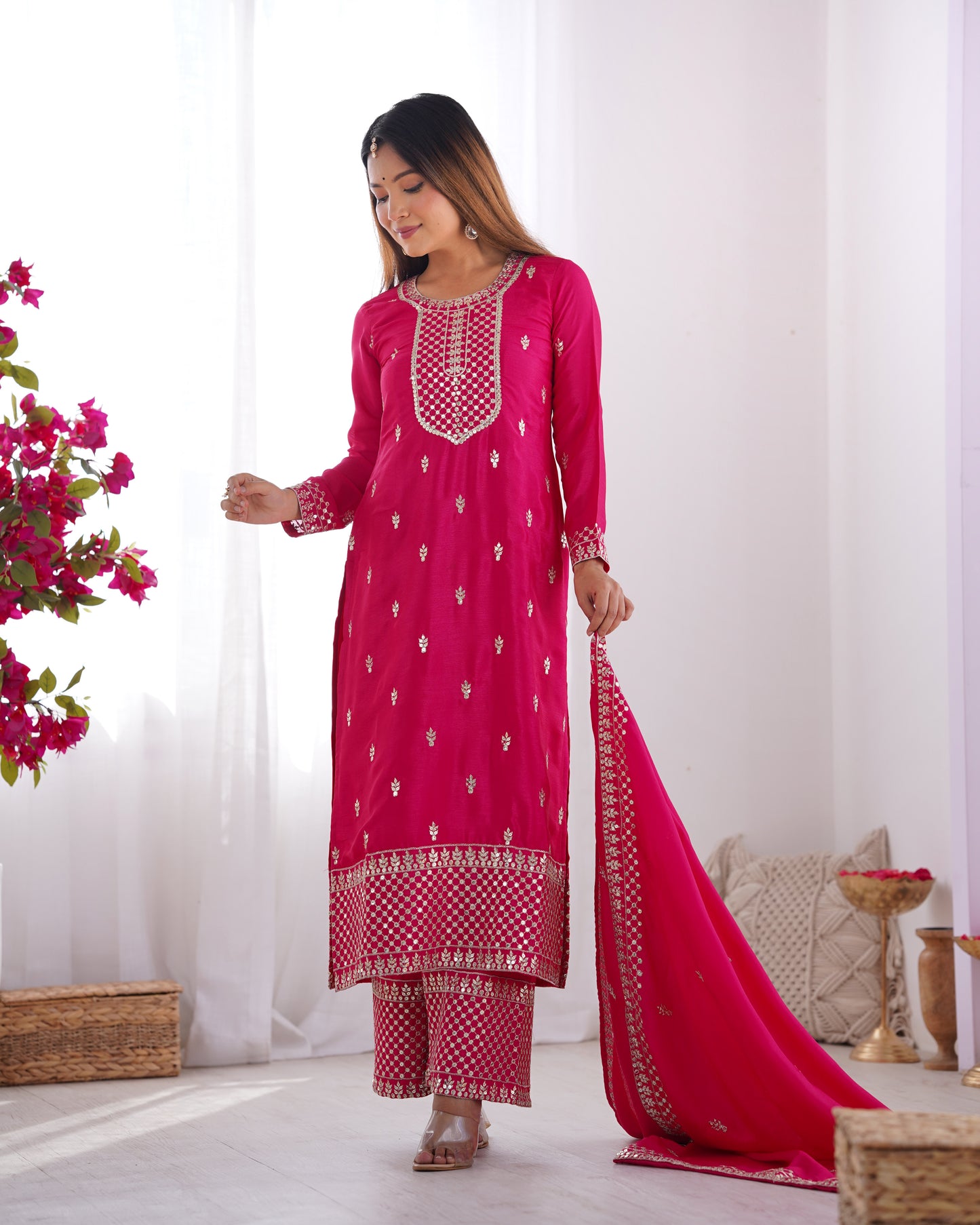 Elegant Pure Chinon Silk Rani Pink Kurta Set with Embroidery and Jari Work