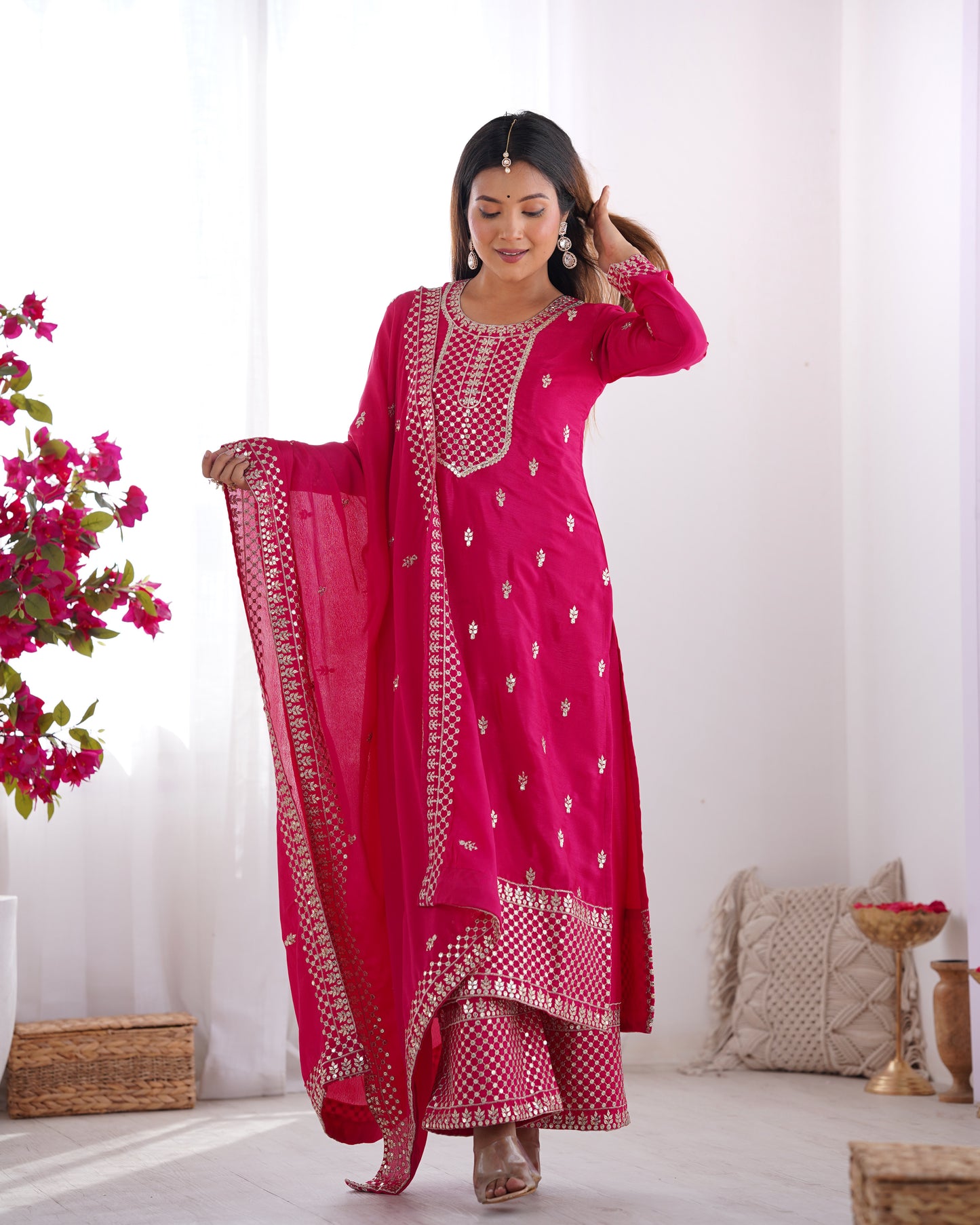 Elegant Pure Chinon Silk Rani Pink Kurta Set with Embroidery and Jari Work