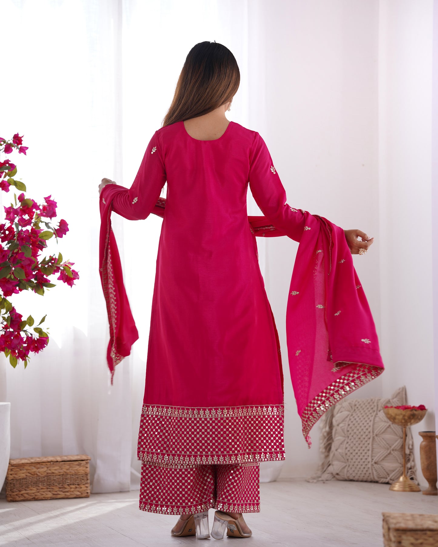 Elegant Pure Chinon Silk Rani Pink Kurta Set with Embroidery and Jari Work