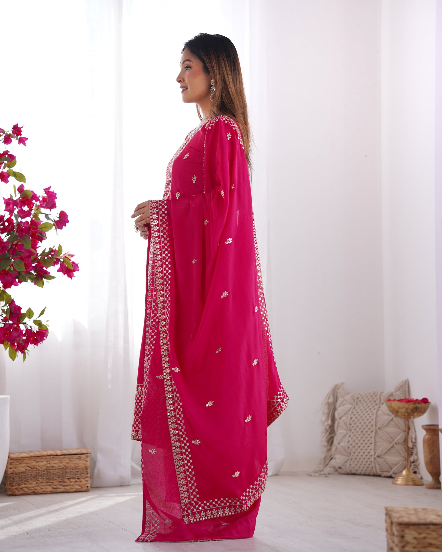 Elegant Pure Chinon Silk Rani Pink Kurta Set with Embroidery and Jari Work