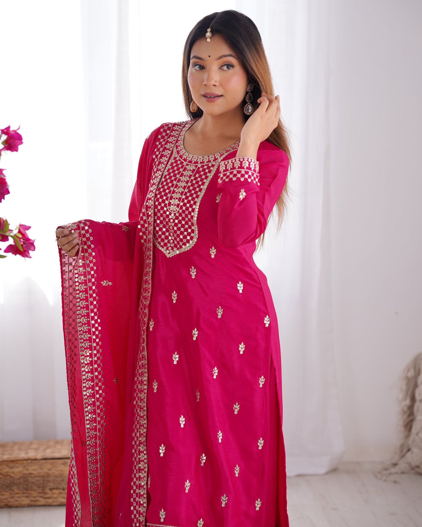 Elegant Pure Chinon Silk Rani Pink Kurta Set with Embroidery and Jari Work