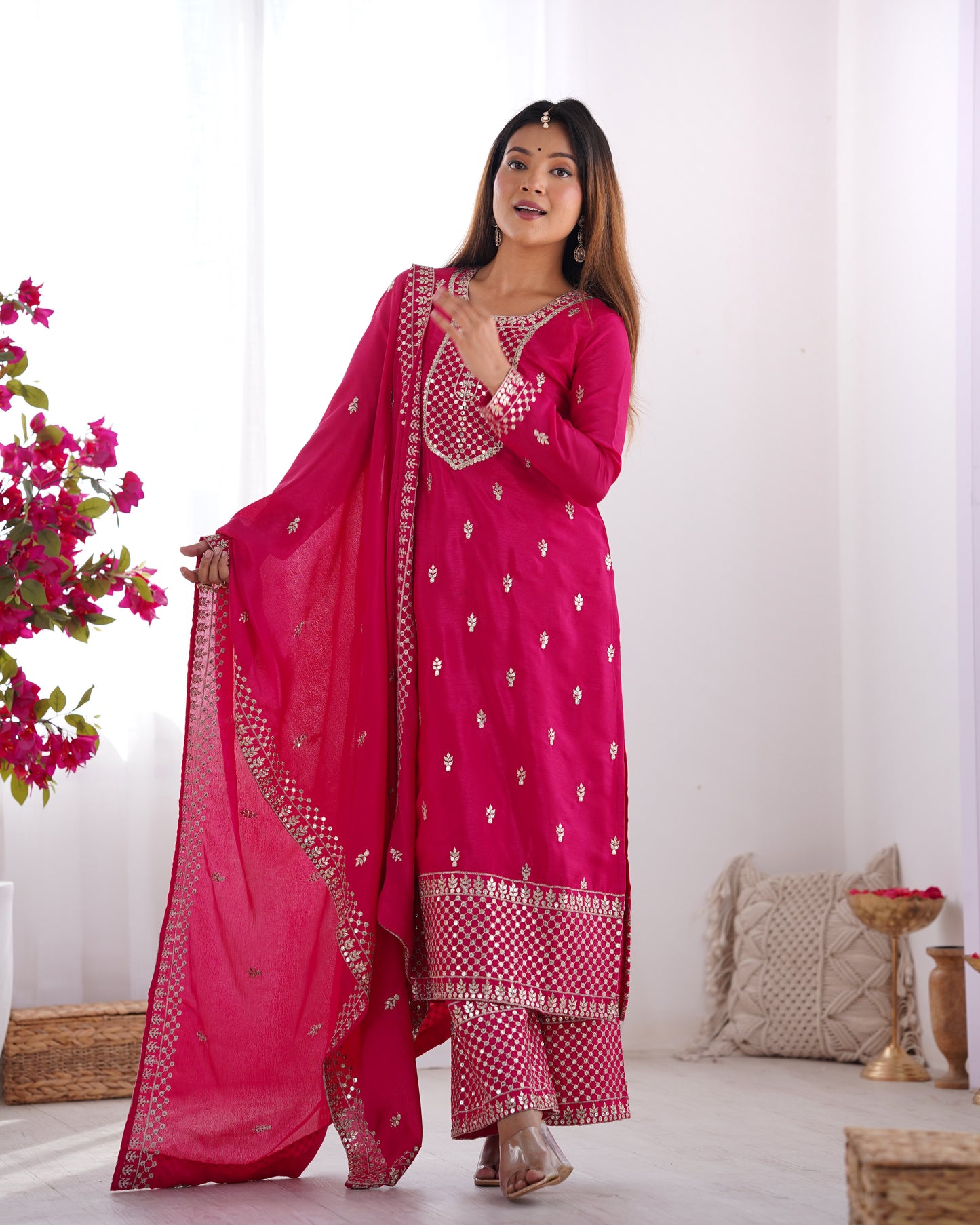 Elegant Pure Chinon Silk Rani Pink Kurta Set with Embroidery and Jari Work