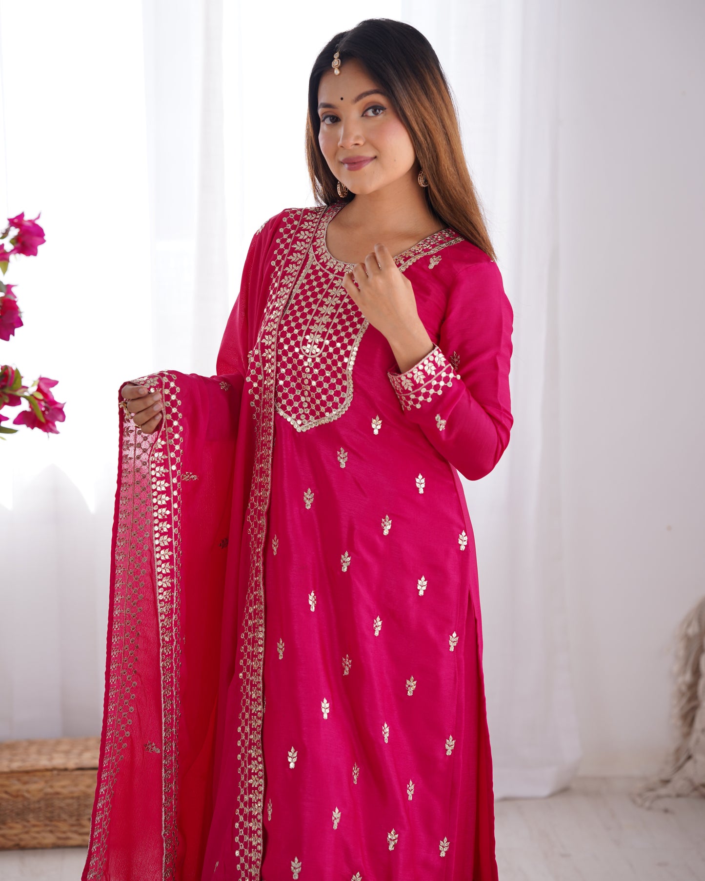 Elegant Pure Chinon Silk Rani Pink Kurta Set with Embroidery and Jari Work
