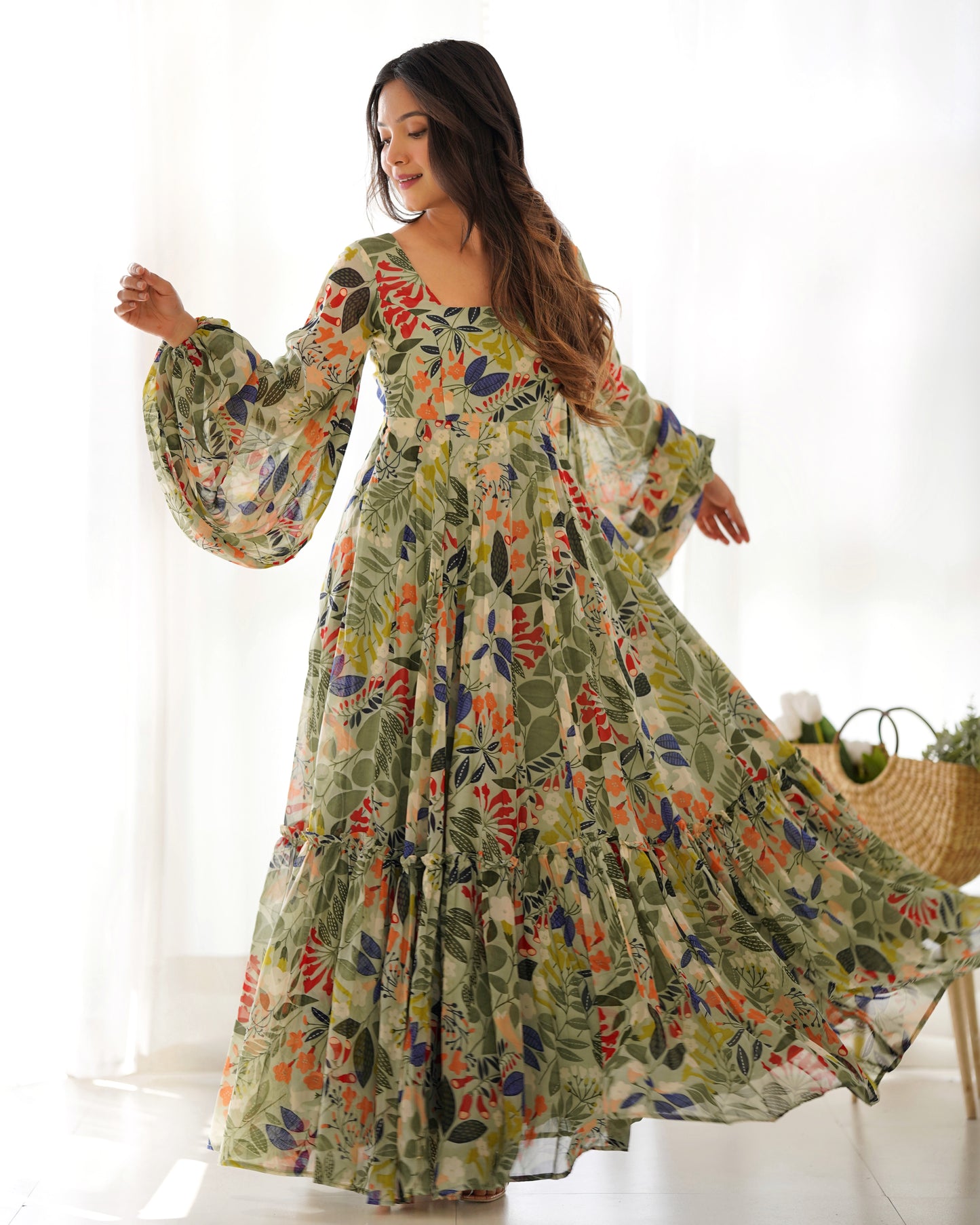 Pure Soft Faux Georgette Floral Printed Flaired Gown By Stylish Ethnic