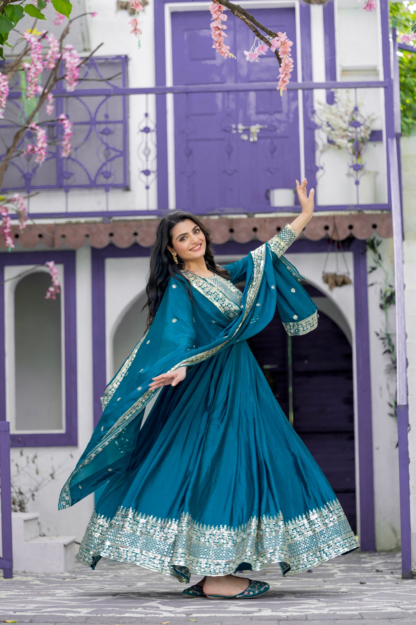 Heavy Chinon Silk Anarkali with 5mm Embroidery Sequins Work & Matching Dupatta – Ready to Wear Elegant Ethnic Outfit