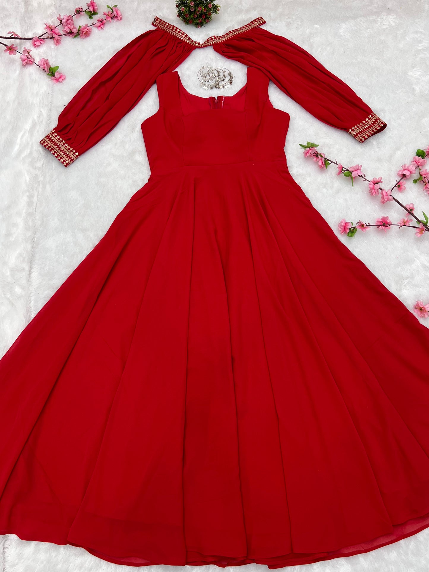 Red Faux Georgette Fancy Sleeves Gown By Stylish Ethnic