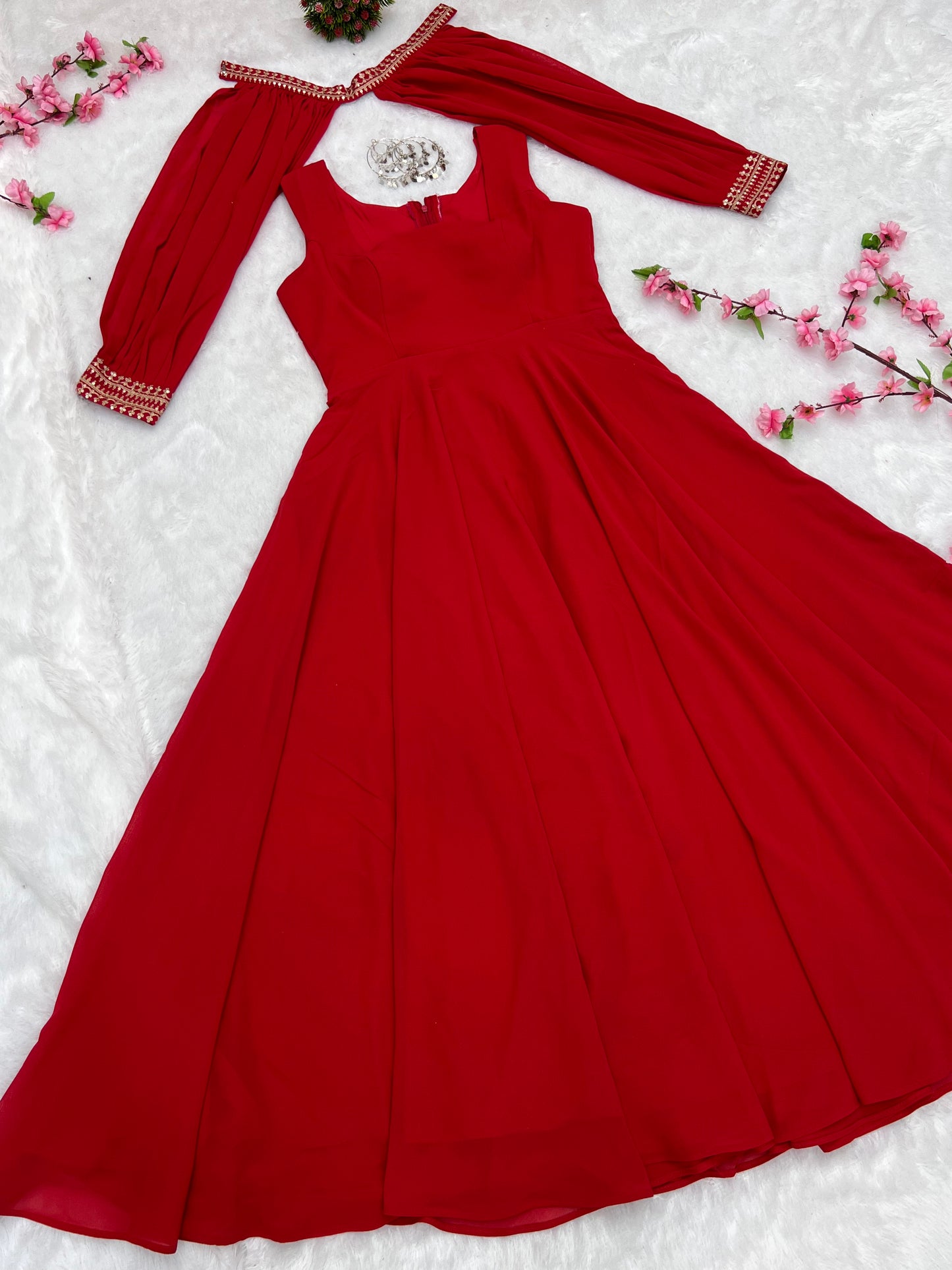 Red Faux Georgette Fancy Sleeves Gown By Stylish Ethnic