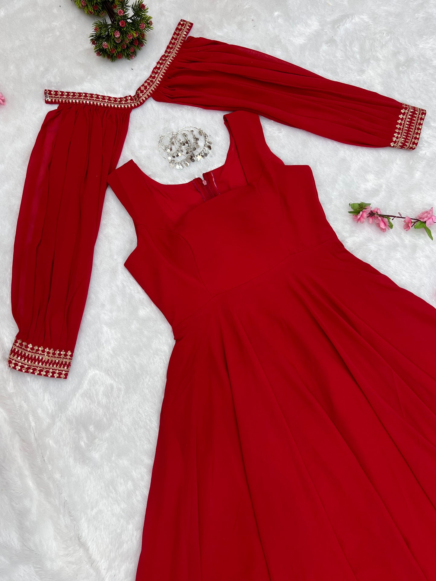 Red Faux Georgette Fancy Sleeves Gown By Stylish Ethnic