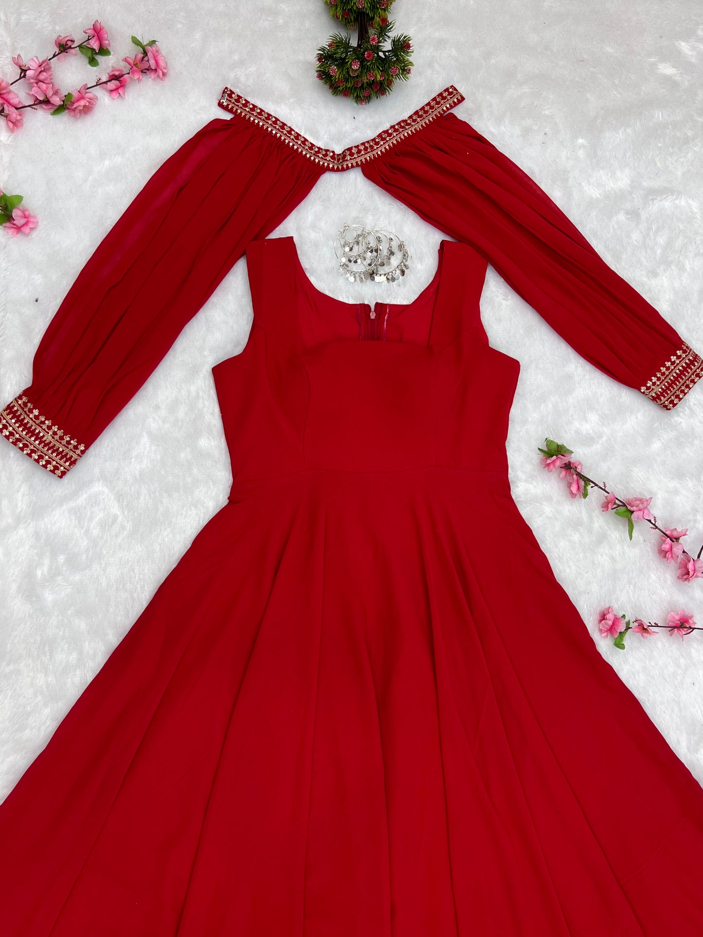 Red Faux Georgette Fancy Sleeves Gown By Stylish Ethnic
