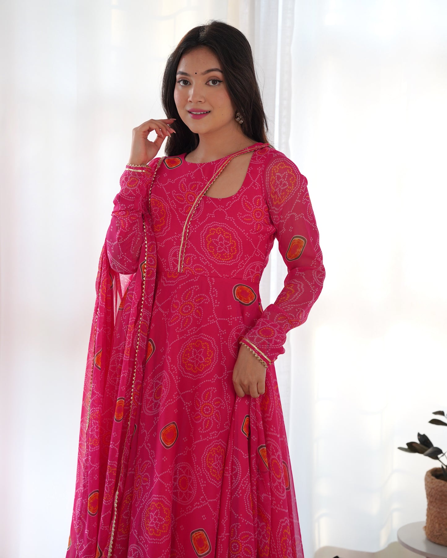 Pink Faux Chiffon Bandhej Print Anarkali Suit By Stylish Ethnic