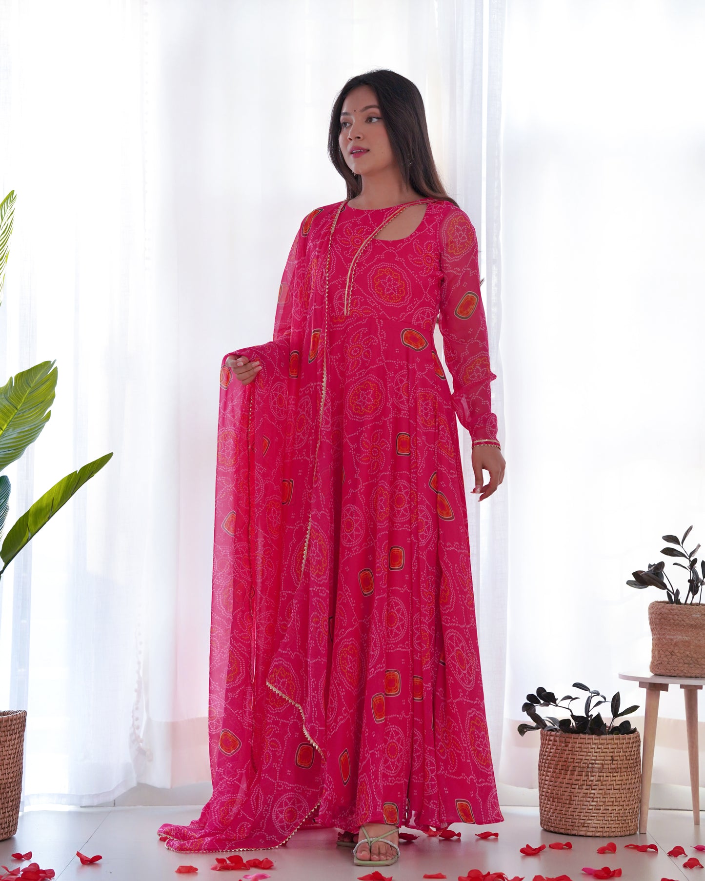 Pink Faux Chiffon Bandhej Print Anarkali Suit By Stylish Ethnic