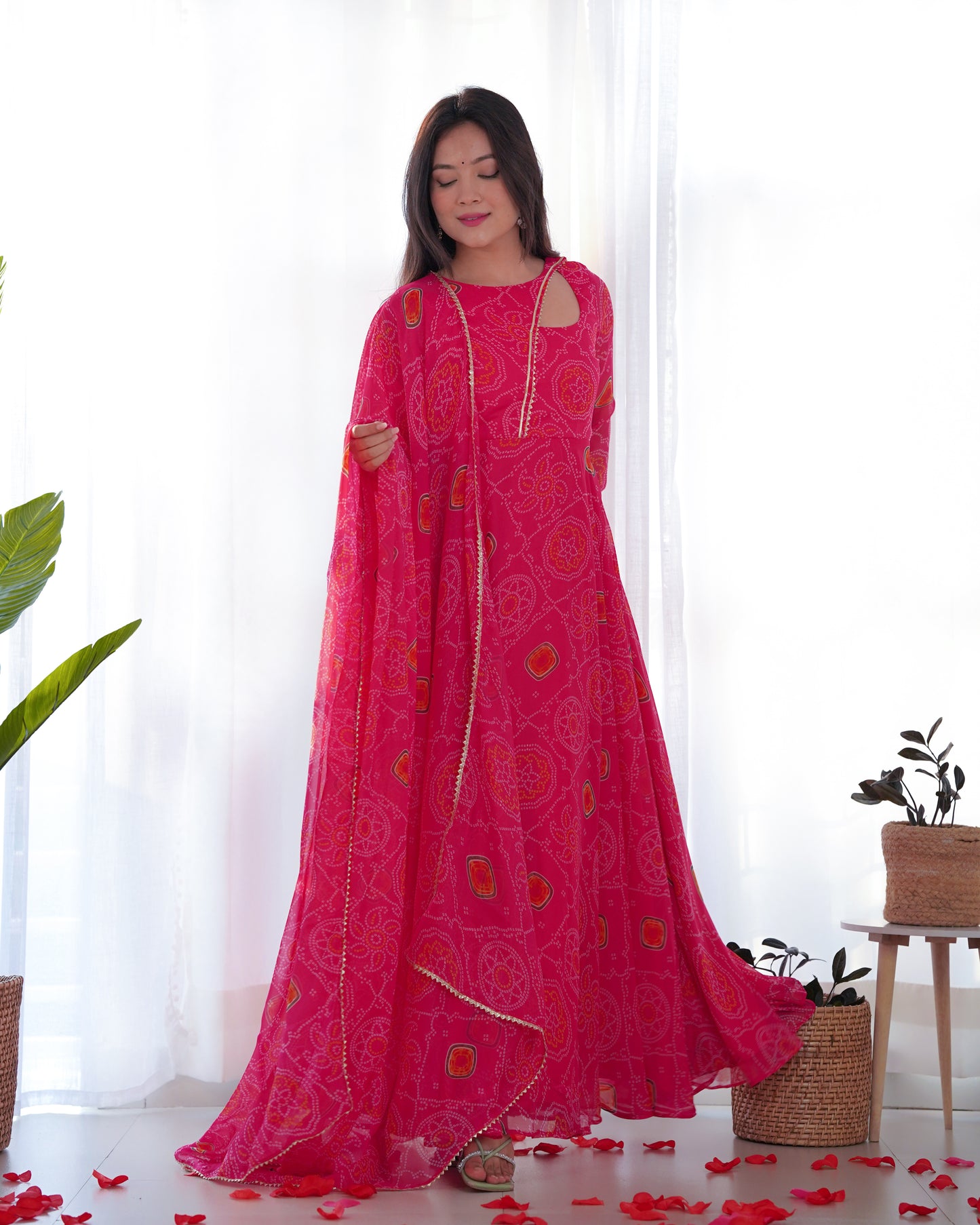 Pink Faux Chiffon Bandhej Print Anarkali Suit By Stylish Ethnic