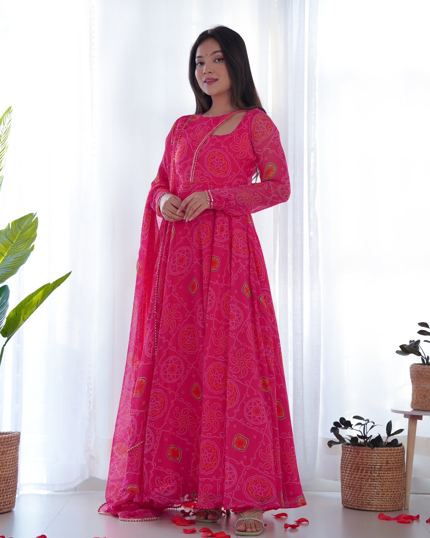 Pink Faux Chiffon Bandhej Print Anarkali Suit By Stylish Ethnic