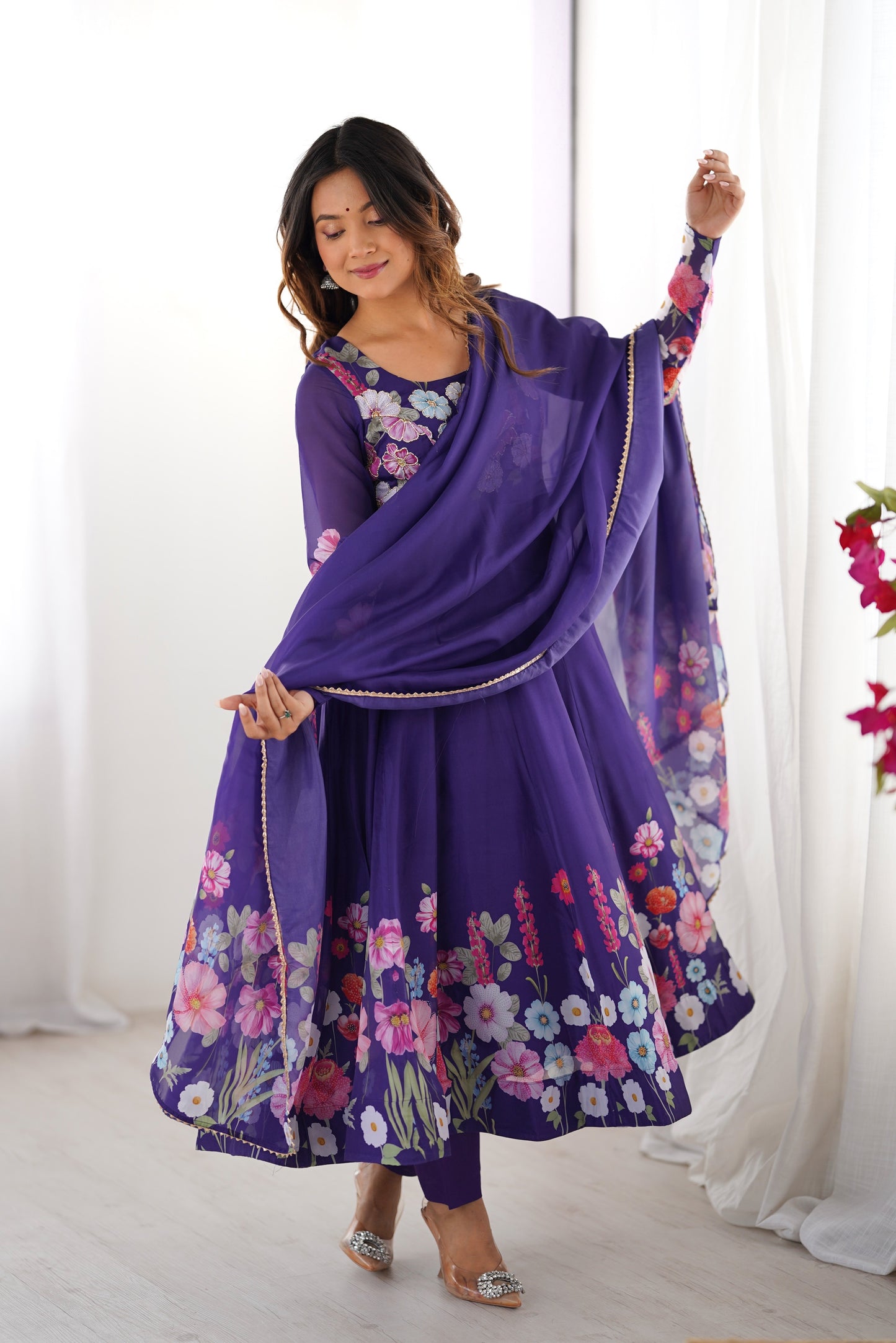 Luxury Organza Silk Pueple Anarkali Gown with Handwork and Gota Patti Dupatta