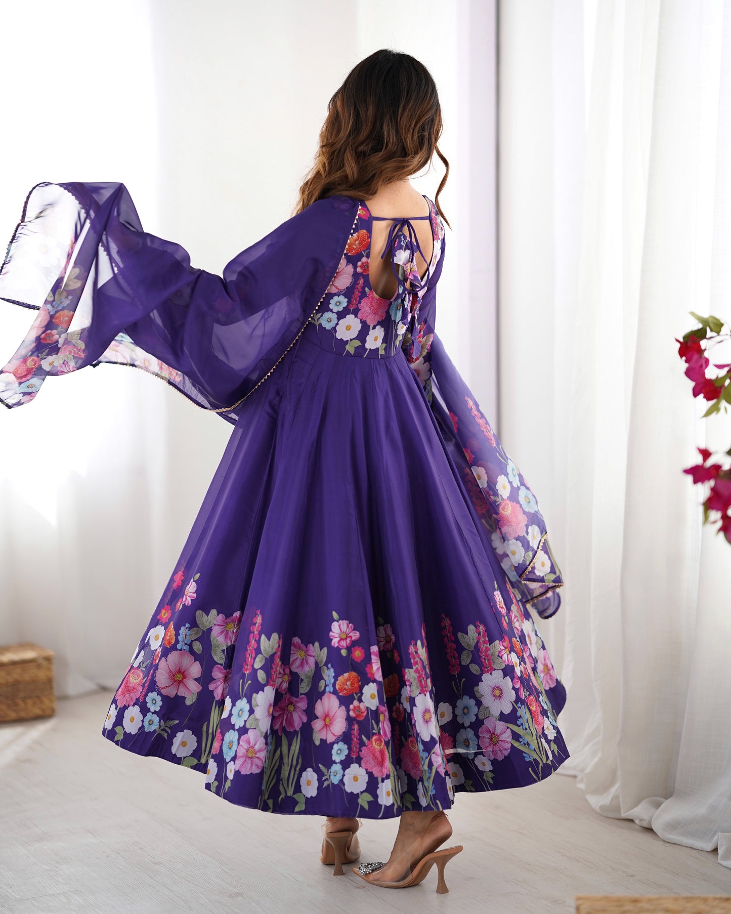 Luxury Organza Silk Pueple Anarkali Gown with Handwork and Gota Patti Dupatta