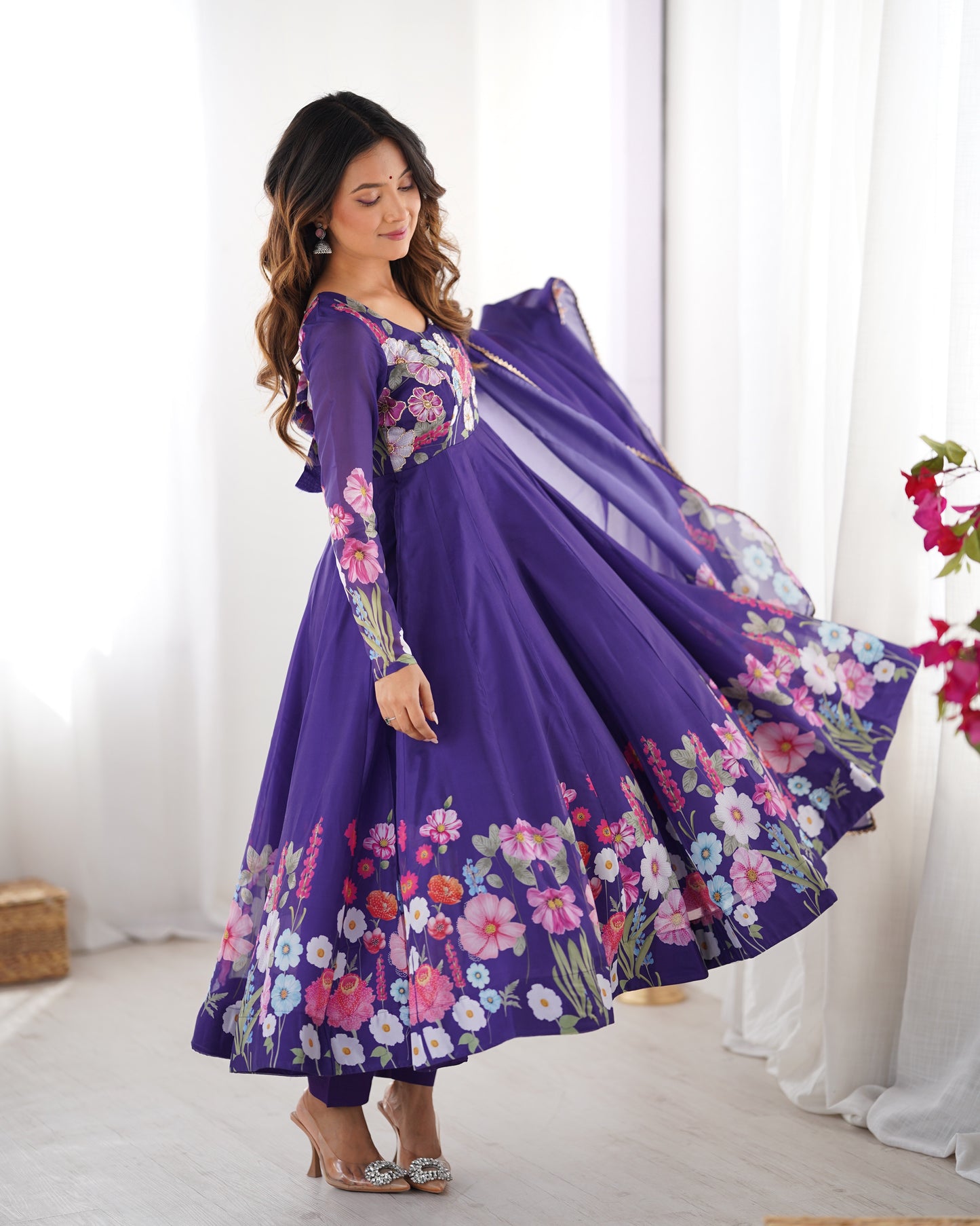 Luxury Organza Silk Pueple Anarkali Gown with Handwork and Gota Patti Dupatta