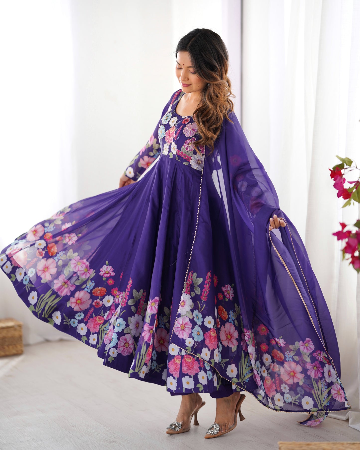 Luxury Organza Silk Pueple Anarkali Gown with Handwork and Gota Patti Dupatta