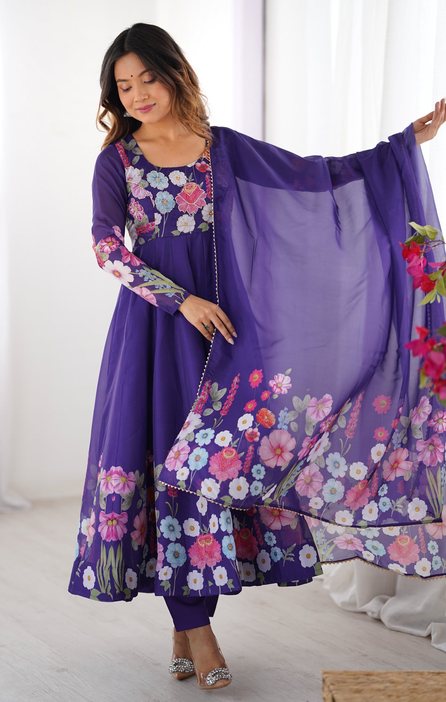 Luxury Organza Silk Pueple Anarkali Gown with Handwork and Gota Patti Dupatta