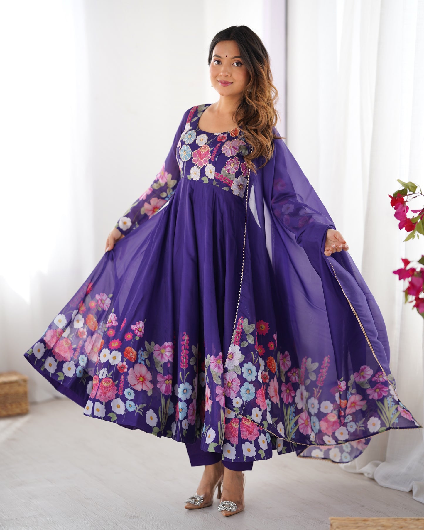 Luxury Organza Silk Pueple Anarkali Gown with Handwork and Gota Patti Dupatta