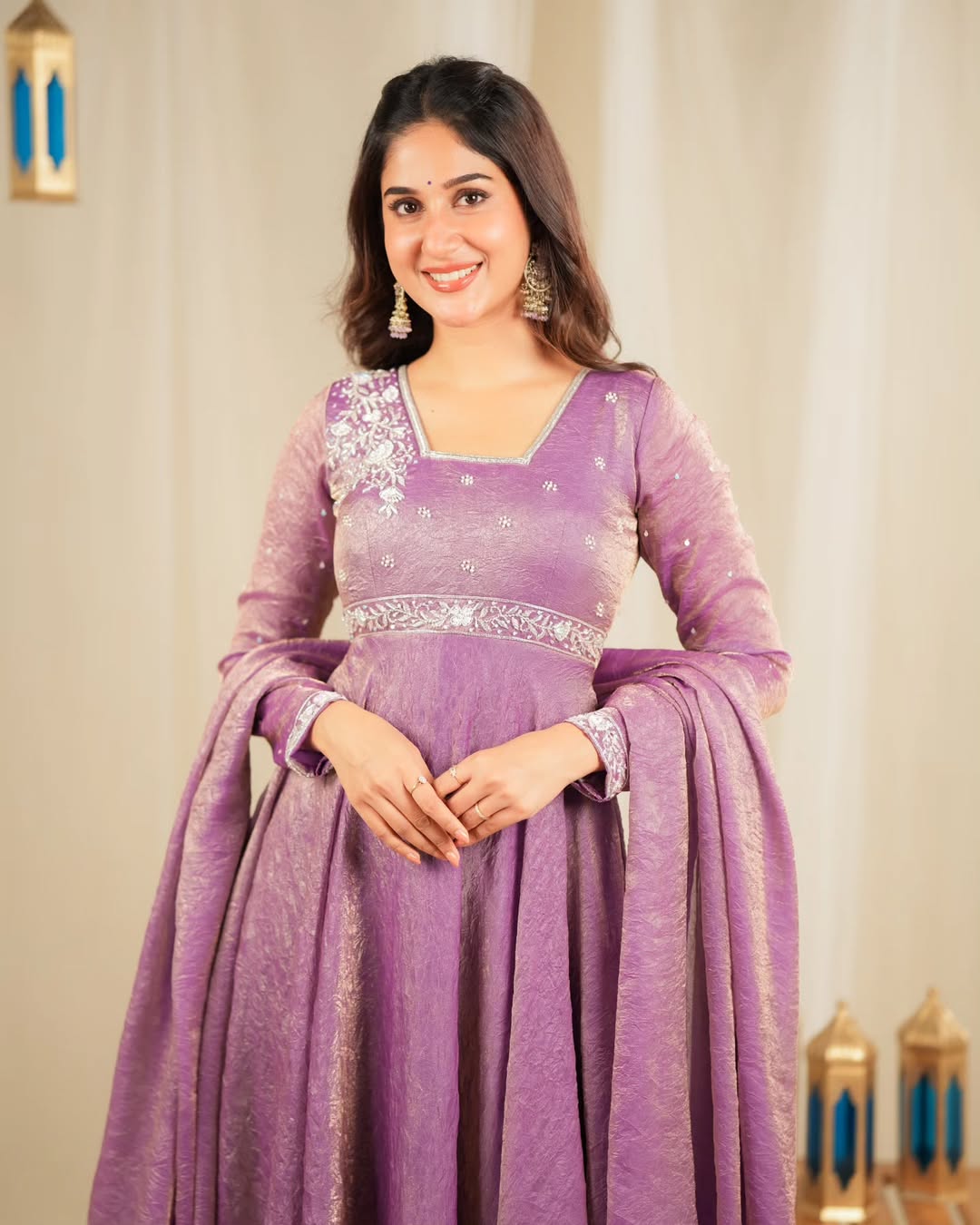 Luxury Heavy Goldcrush Silk Gown with Embroidery Sequins & Rivet Moti Work – Fully Stitched