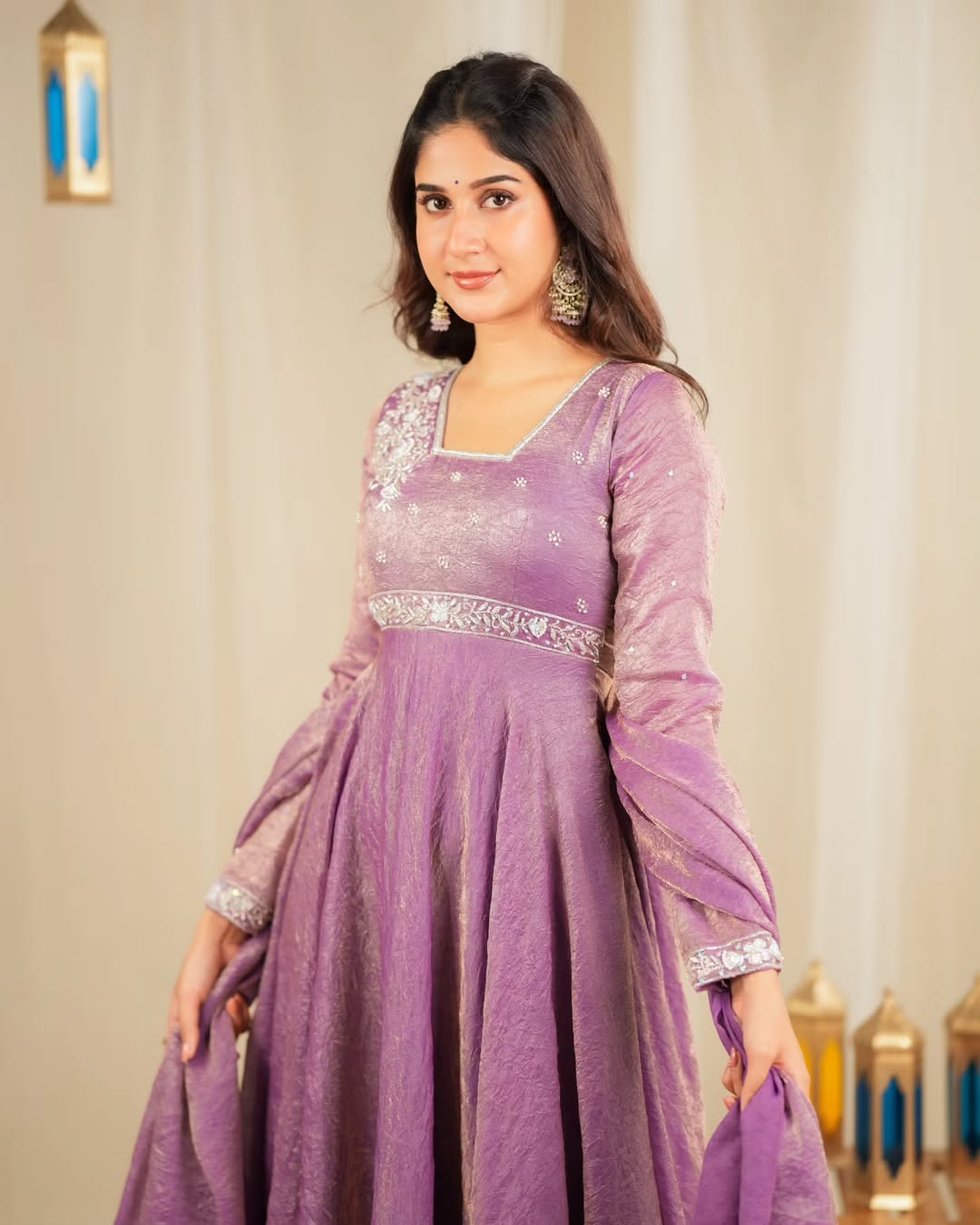 Luxury Heavy Goldcrush Silk Gown with Embroidery Sequins & Rivet Moti Work – Fully Stitched