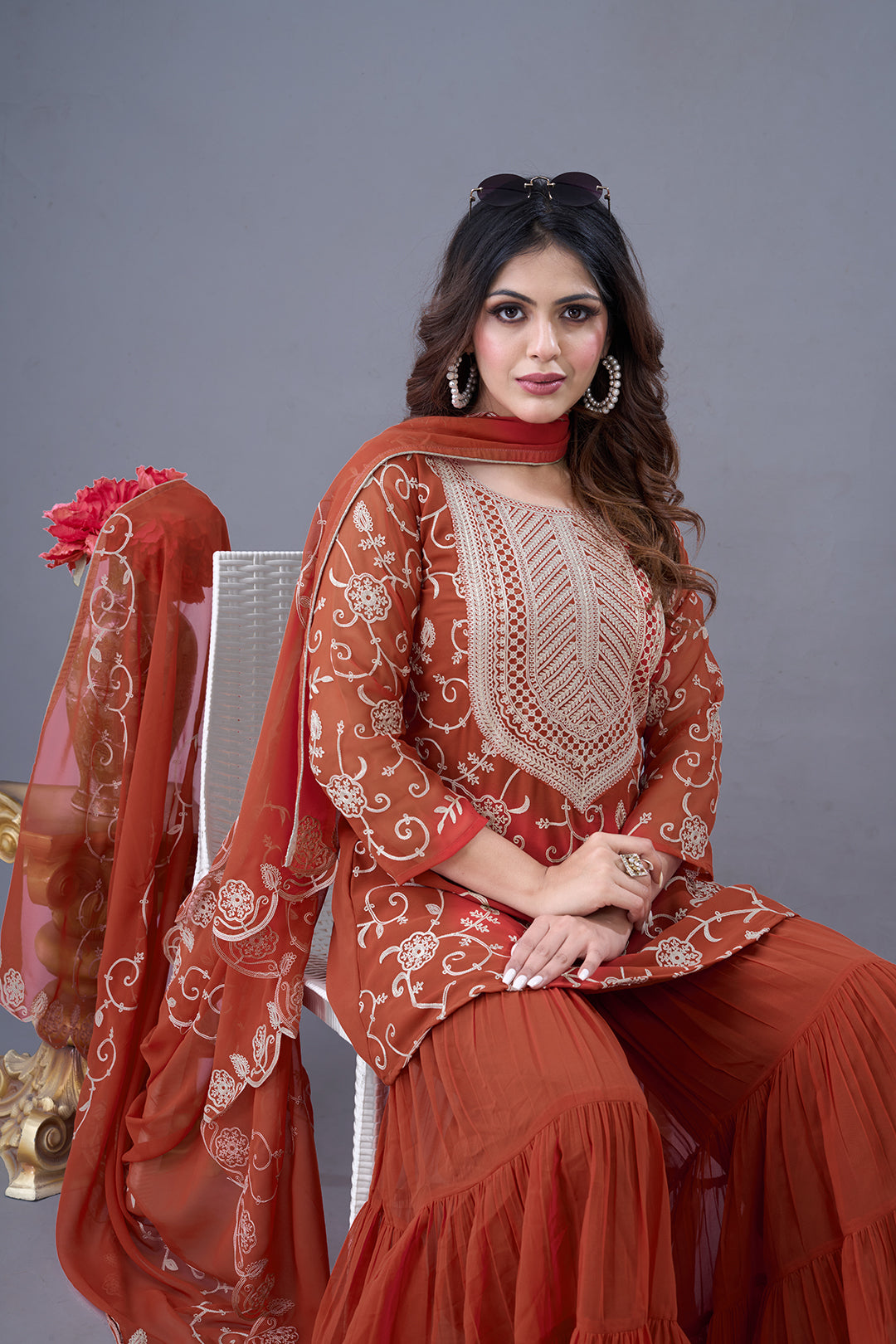 Elegant Heavy Red Georgette Embroidered Sharara Set with Dupatta – Fully Stitched