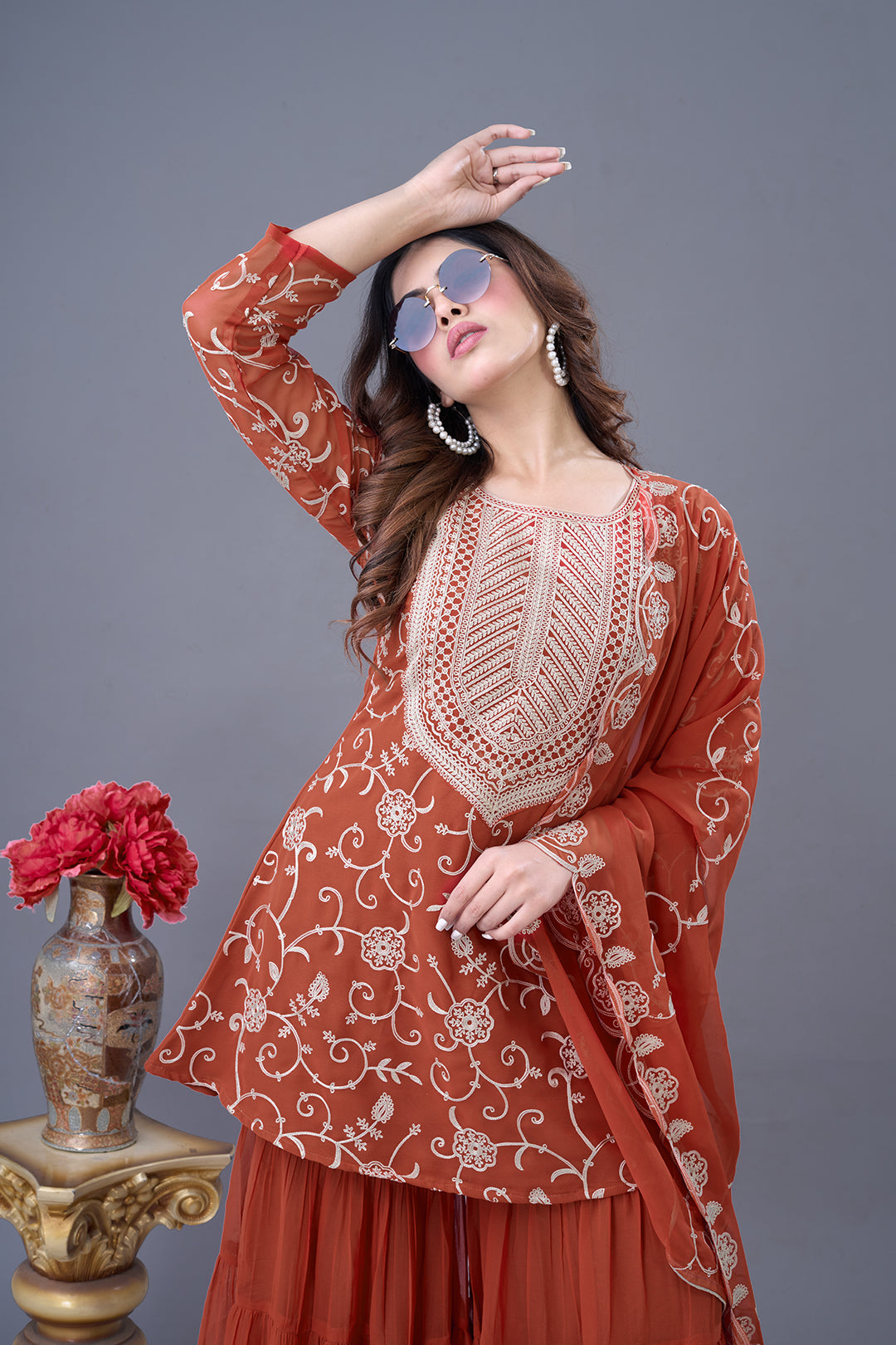 Elegant Heavy Red Georgette Embroidered Sharara Set with Dupatta – Fully Stitched