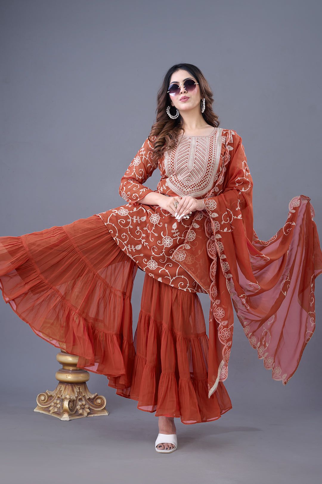 Elegant Heavy Red Georgette Embroidered Sharara Set with Dupatta – Fully Stitched