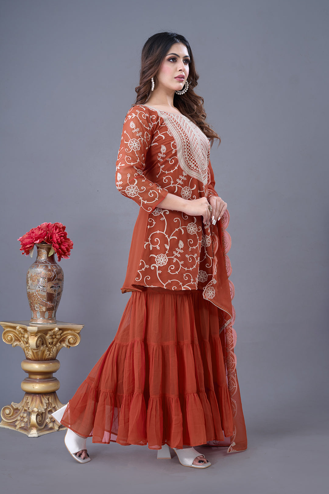 Elegant Heavy Red Georgette Embroidered Sharara Set with Dupatta – Fully Stitched