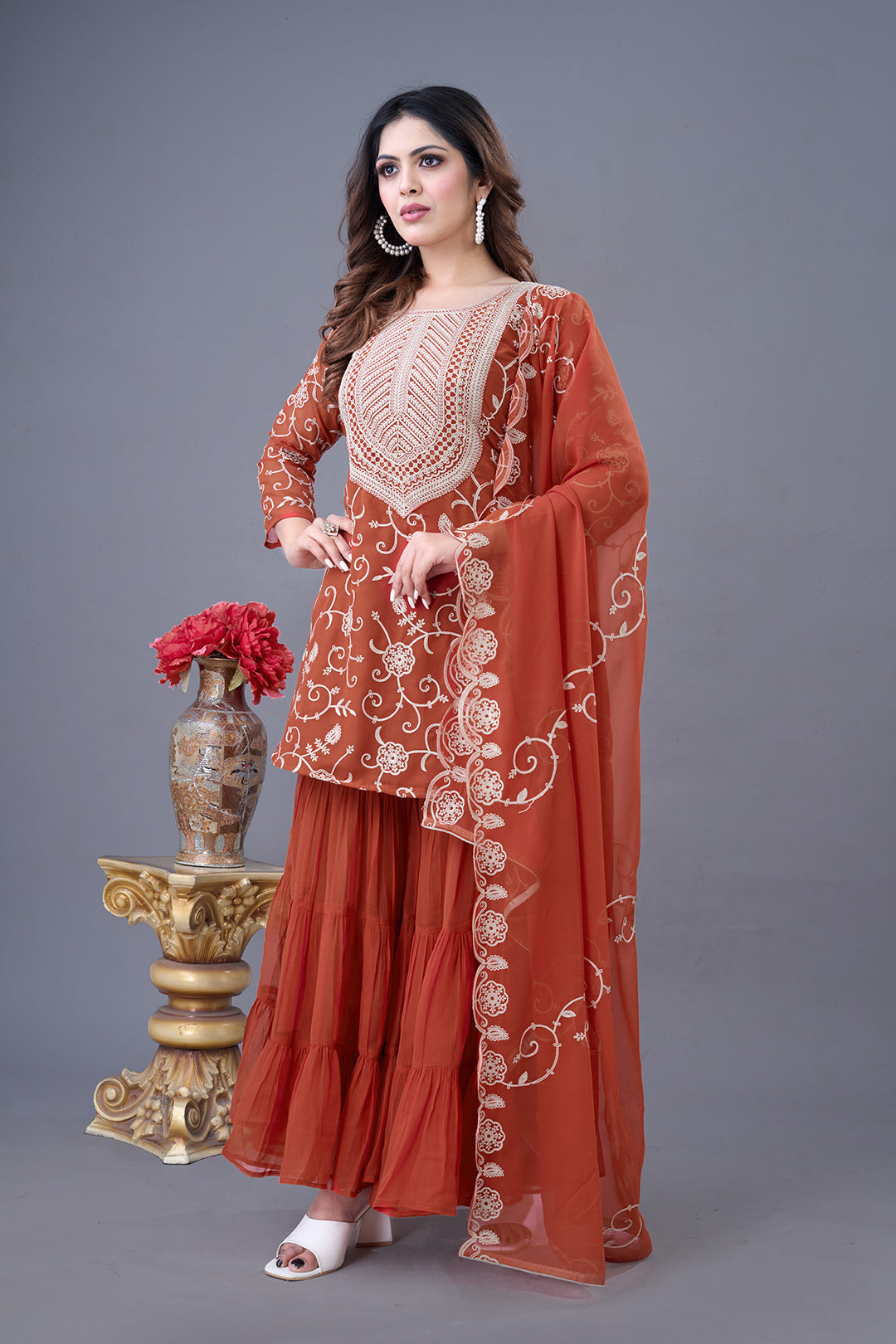 Elegant Heavy Red Georgette Embroidered Sharara Set with Dupatta – Fully Stitched