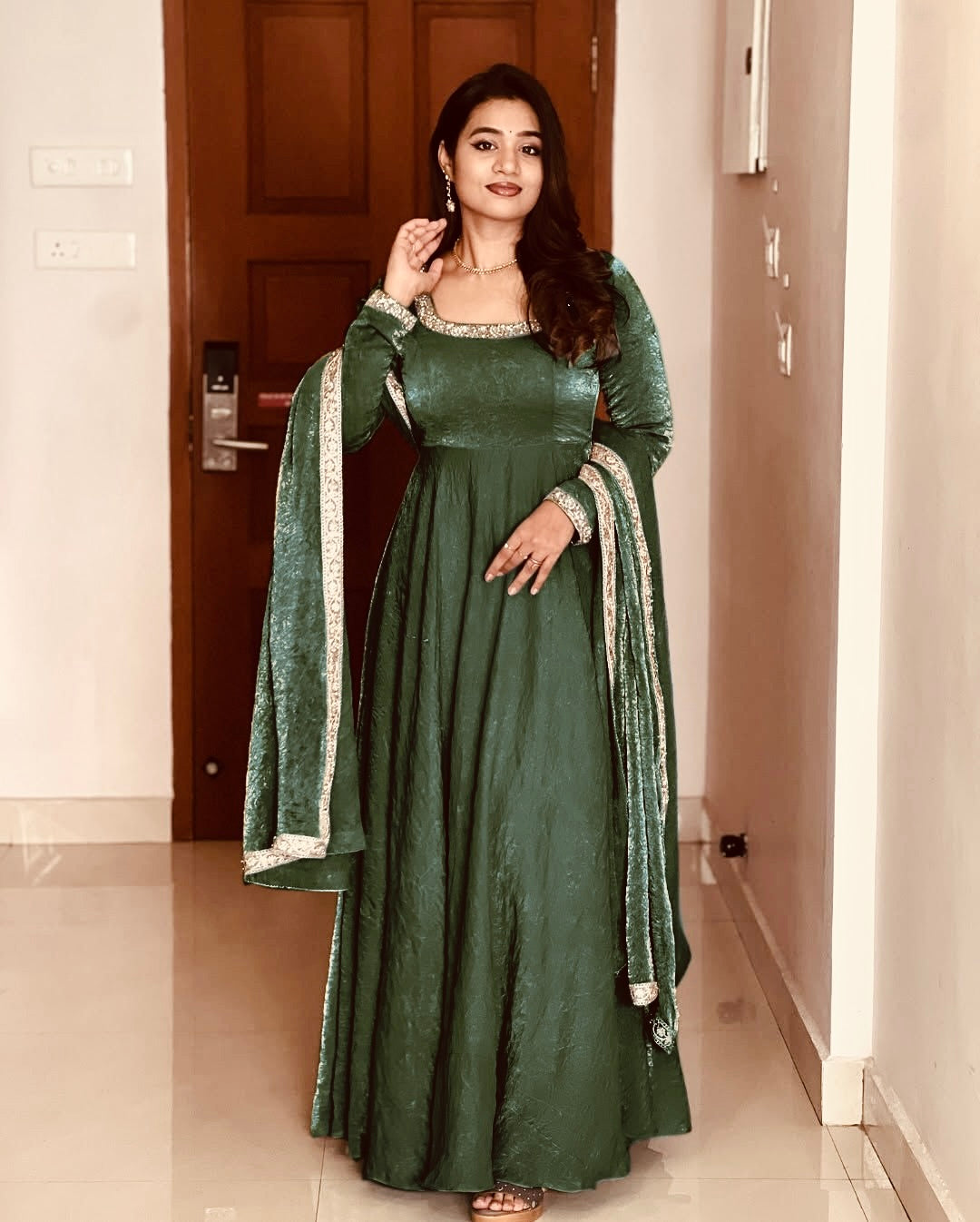 Elegant Heavy Fandy Silk Green Gown with Embroidery Sequins Work – Fully Stitched & Ready to Wear