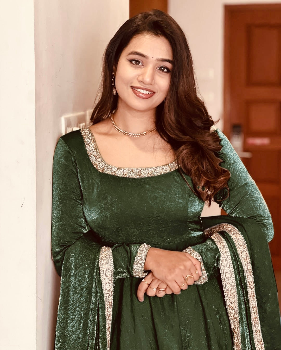 Elegant Heavy Fandy Silk Green Gown with Embroidery Sequins Work – Fully Stitched & Ready to Wear