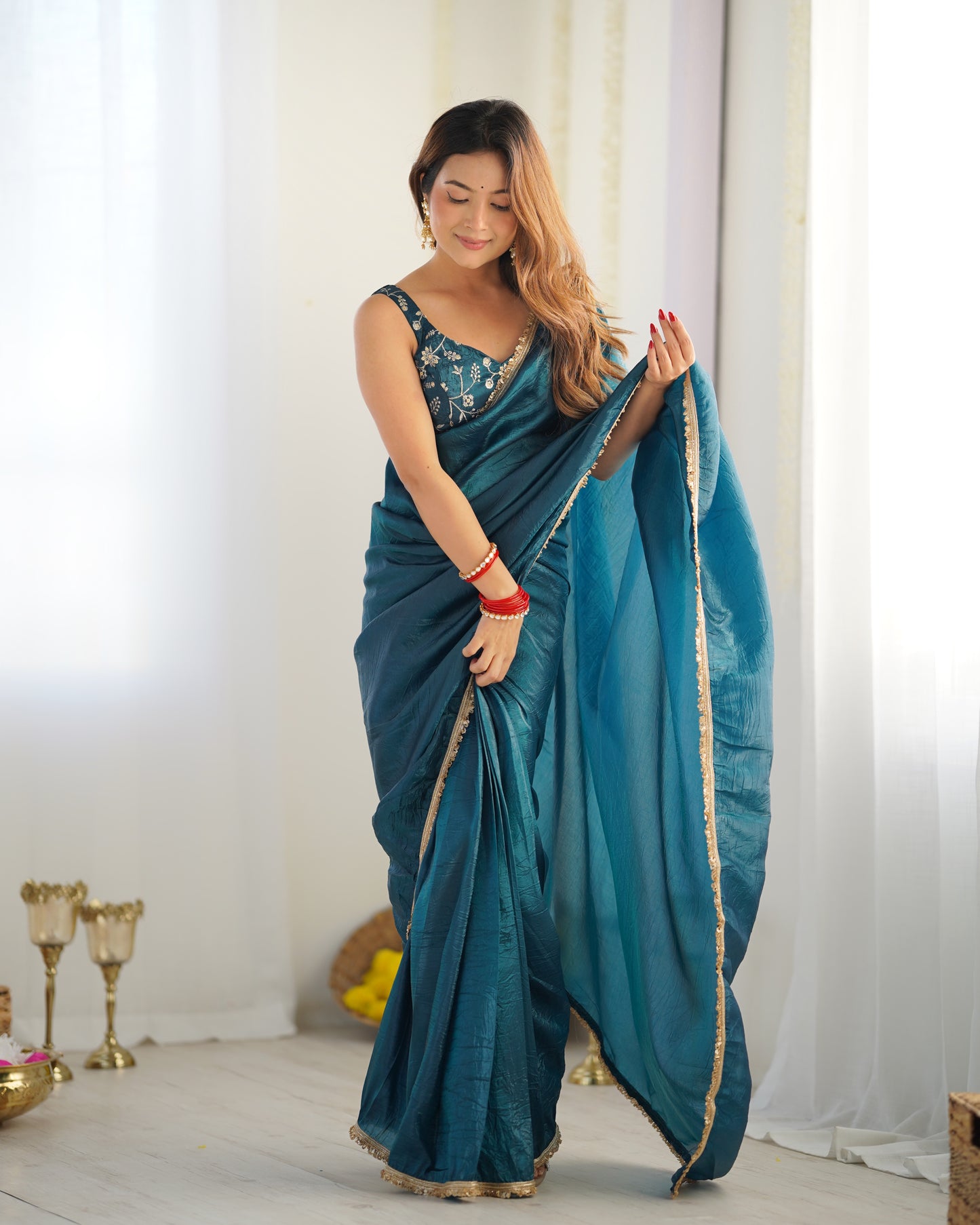 Pre-drapped Ready To Wear Teal Blue Saree With Full Sttiched Blouse