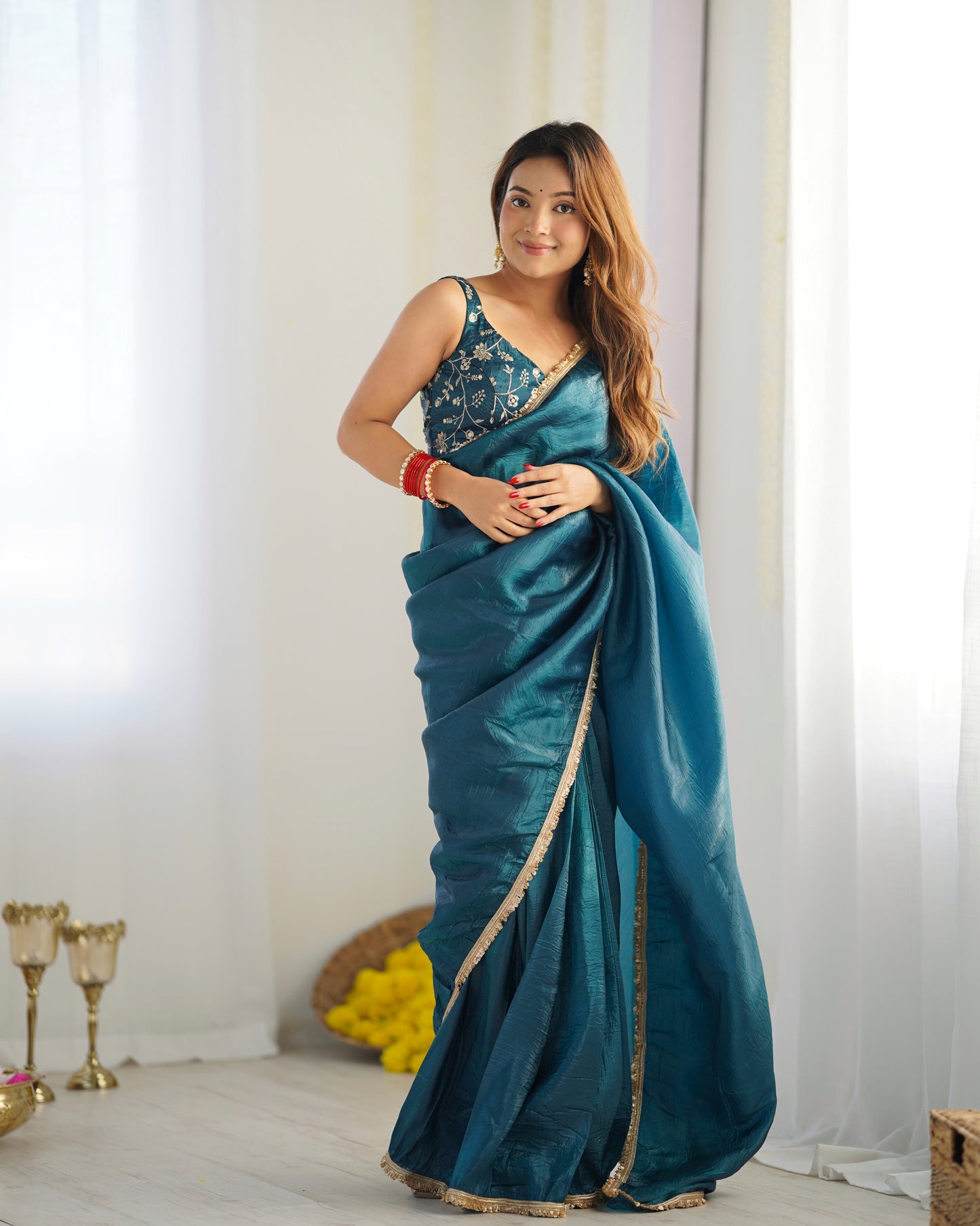 Pre-drapped Ready To Wear Teal Blue Saree With Full Sttiched Blouse