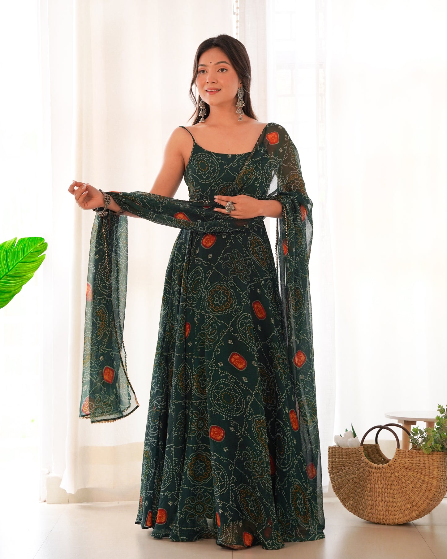 Bandhej Green Chiffon Printed Gown With Pant & Dupatta Set By Stylish Ethnic