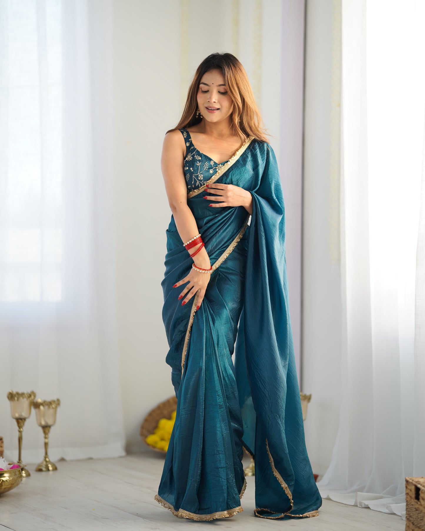 Pre-drapped Ready To Wear Teal Blue Saree With Full Sttiched Blouse