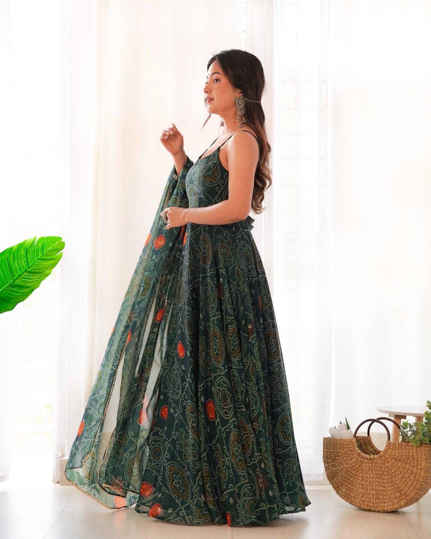 Bandhej Green Chiffon Printed Gown With Pant & Dupatta Set By Stylish Ethnic
