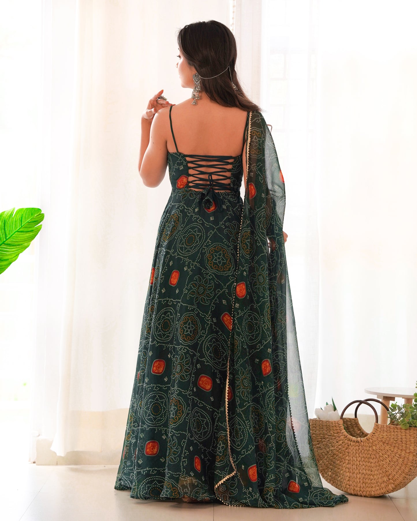 Bandhej Green Chiffon Printed Gown With Pant & Dupatta Set By Stylish Ethnic