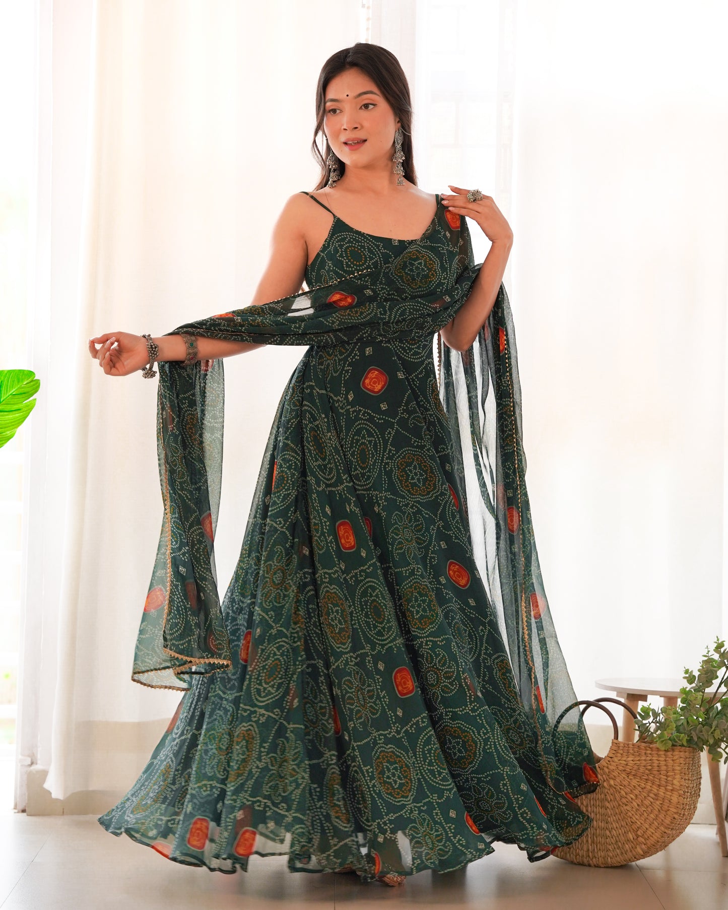 Bandhej Green Chiffon Printed Gown With Pant & Dupatta Set By Stylish Ethnic