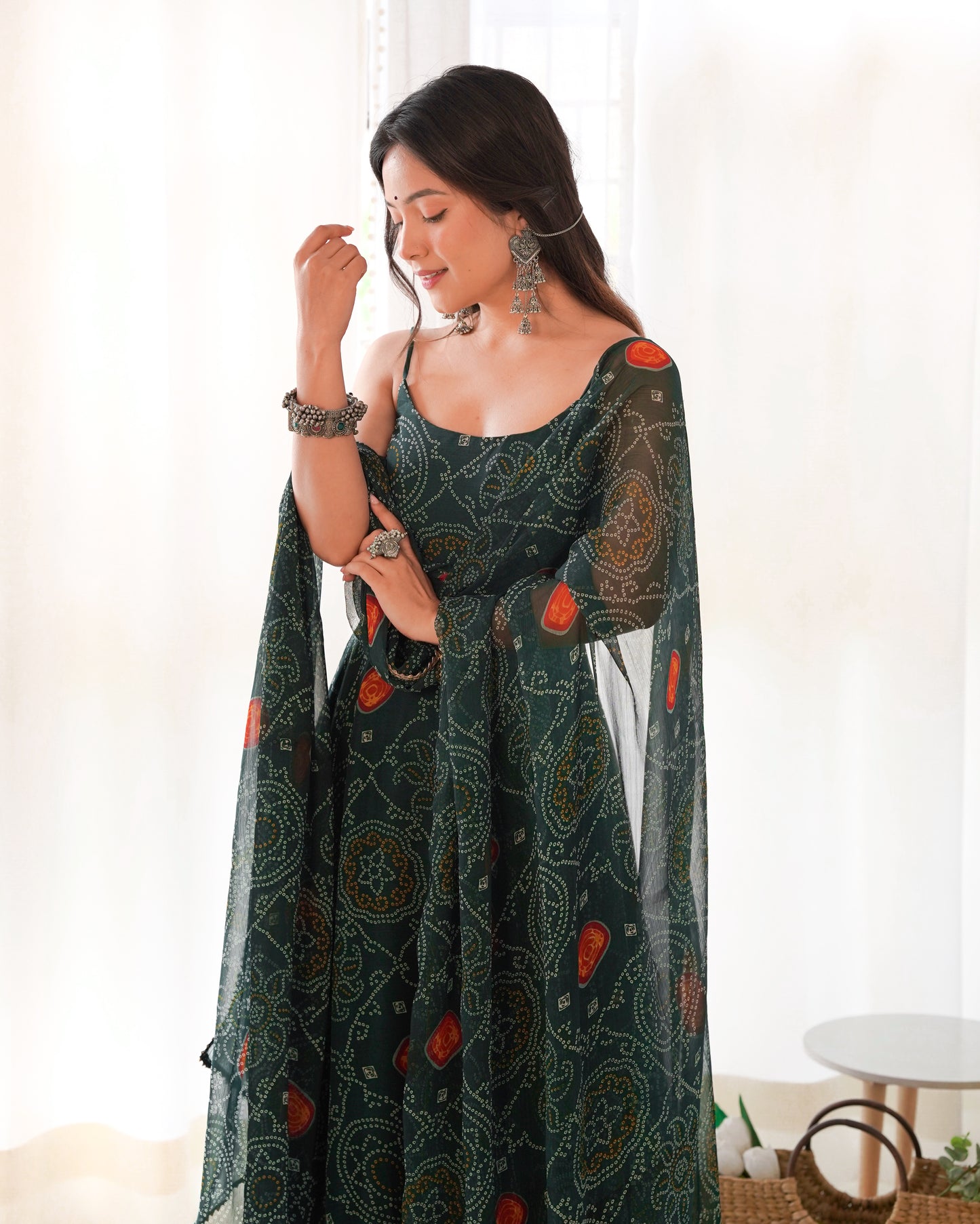 Bandhej Green Chiffon Printed Gown With Pant & Dupatta Set By Stylish Ethnic