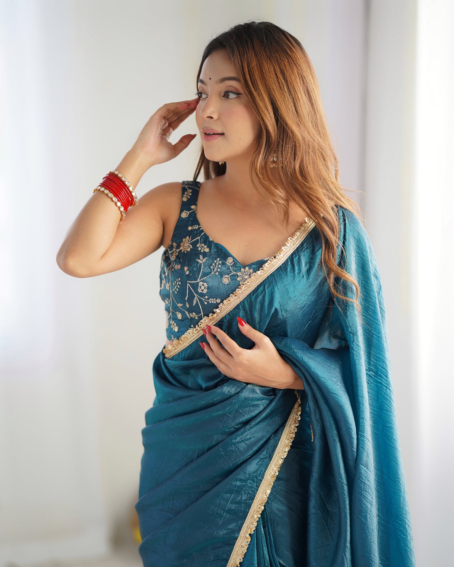 Pre-drapped Ready To Wear Teal Blue Saree With Full Sttiched Blouse