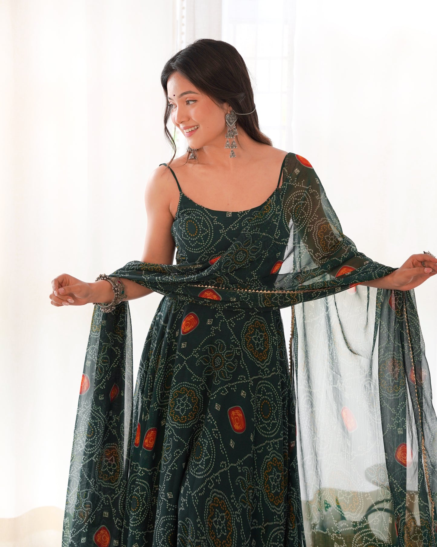Bandhej Green Chiffon Printed Gown With Pant & Dupatta Set By Stylish Ethnic