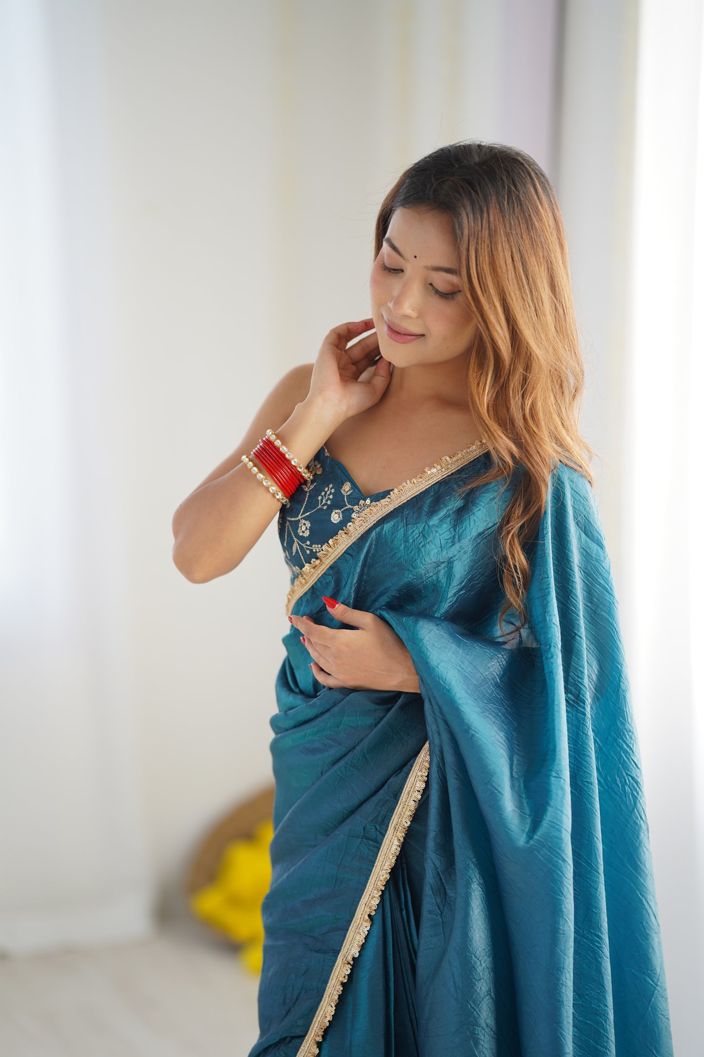 Pre-drapped Ready To Wear Teal Blue Saree With Full Sttiched Blouse
