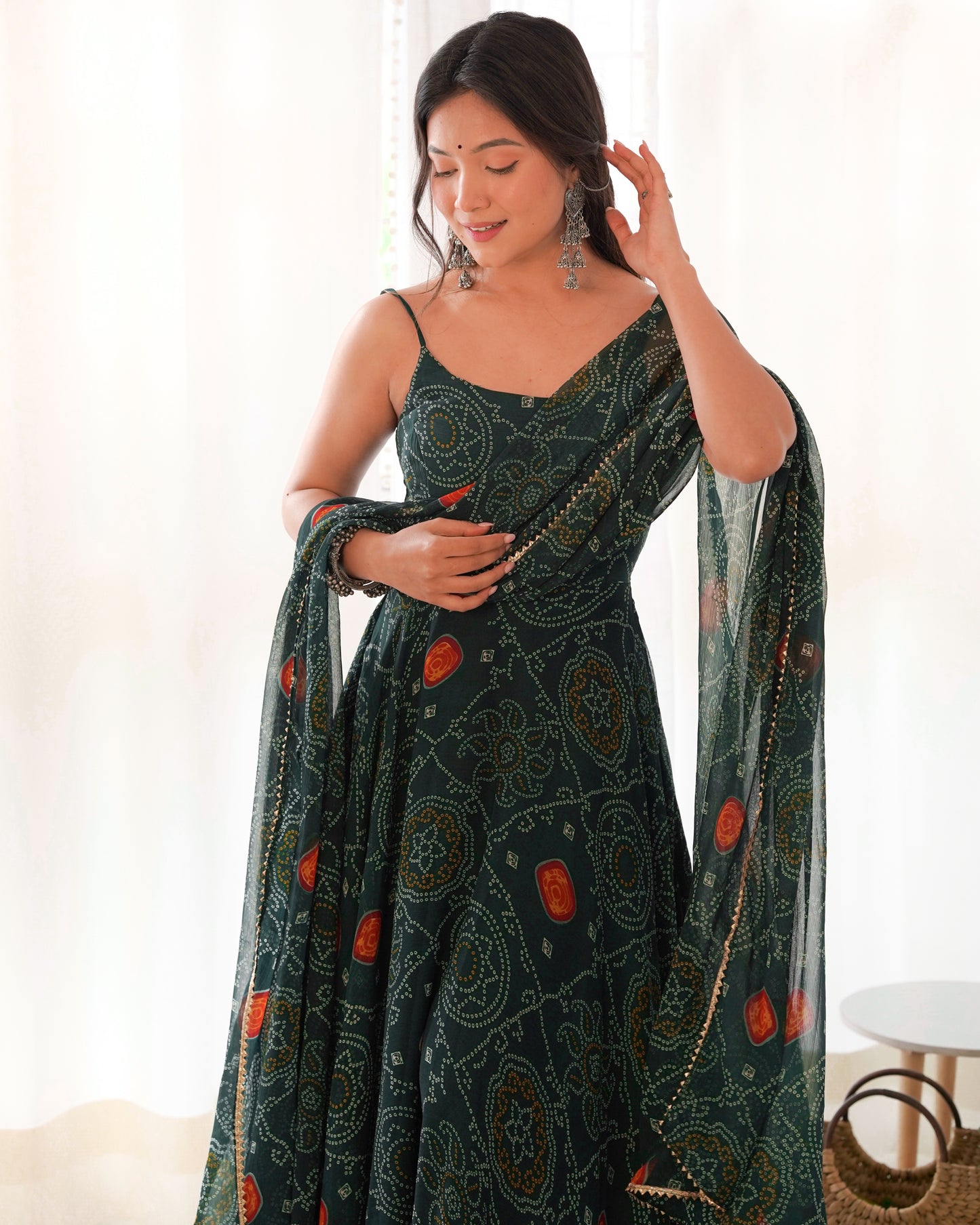 Bandhej Green Chiffon Printed Gown With Pant & Dupatta Set By Stylish Ethnic