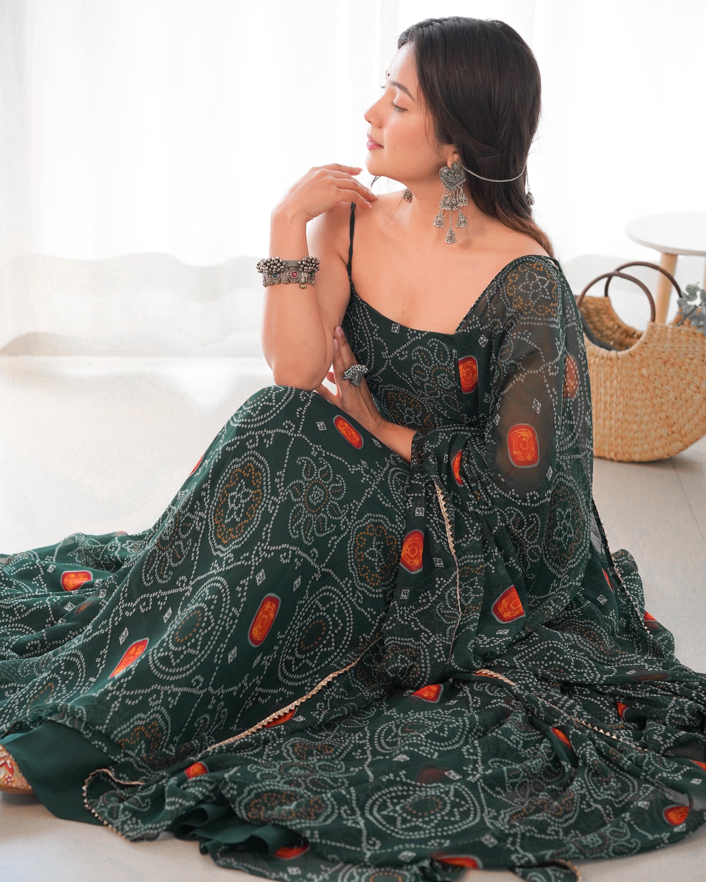 Bandhej Green Chiffon Printed Gown With Pant & Dupatta Set By Stylish Ethnic