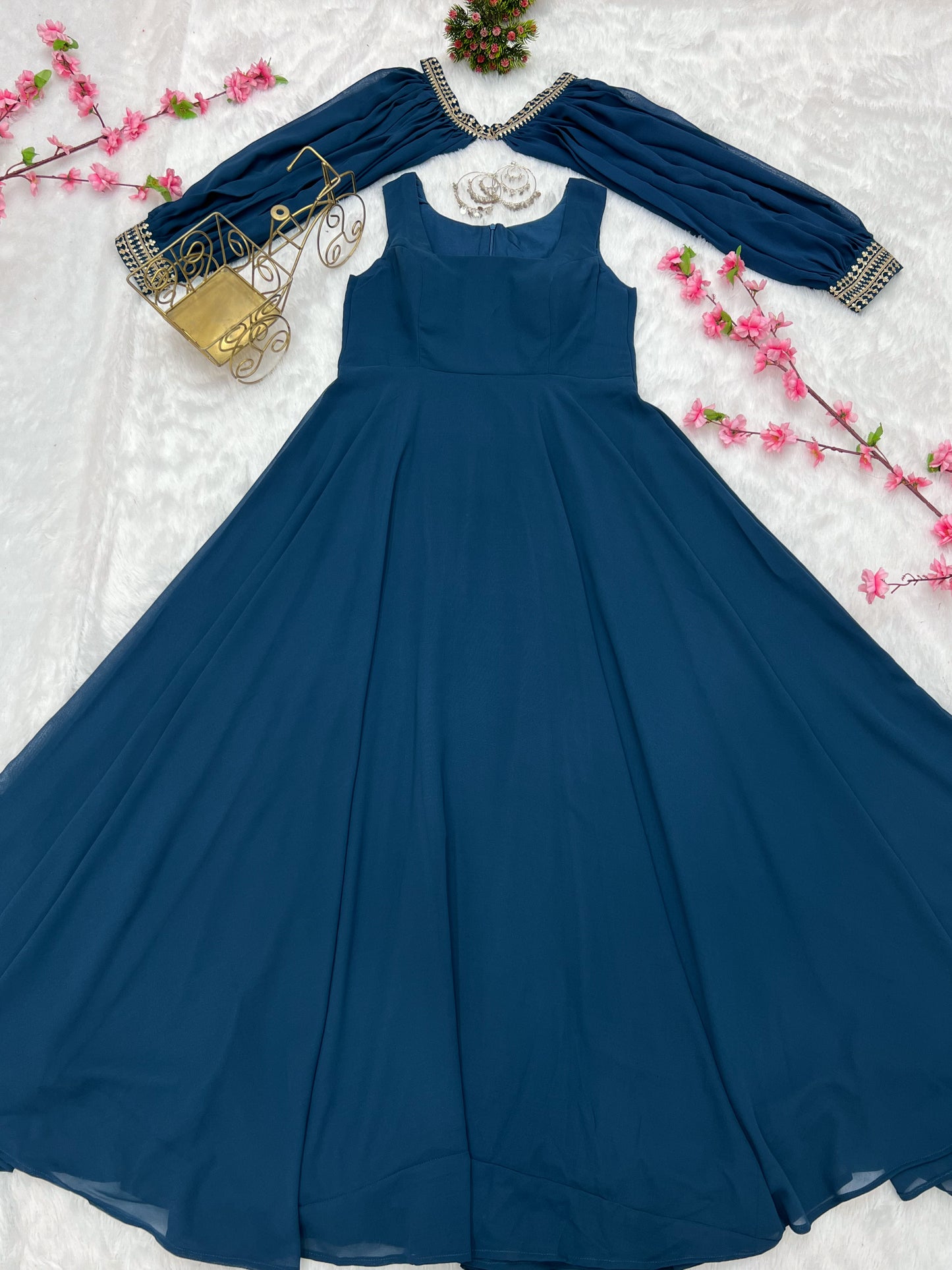 Blue Faux Georgette Fancy Sleeves Gown By Stylish Ethnic