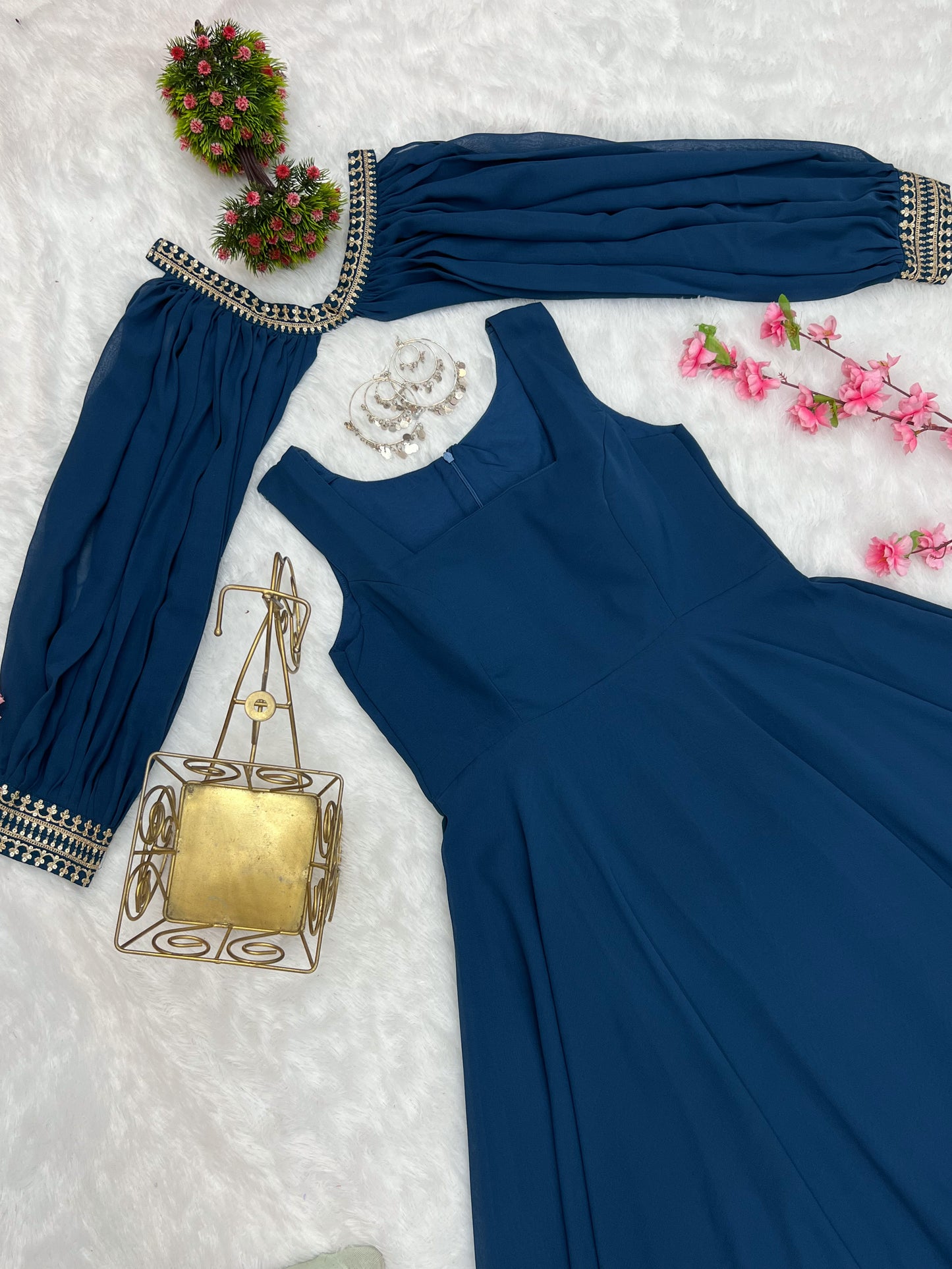 Blue Faux Georgette Fancy Sleeves Gown By Stylish Ethnic